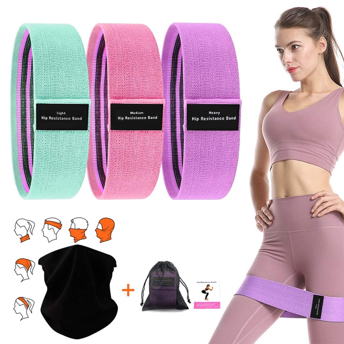 Queenmew. 3 Pack Resistance Booty Bands with Headwear Bandana Set for Women Legs and Butt Fabric Exercise Fitness Non-Slip Stretch Workout Resistance loop Bands for Women…