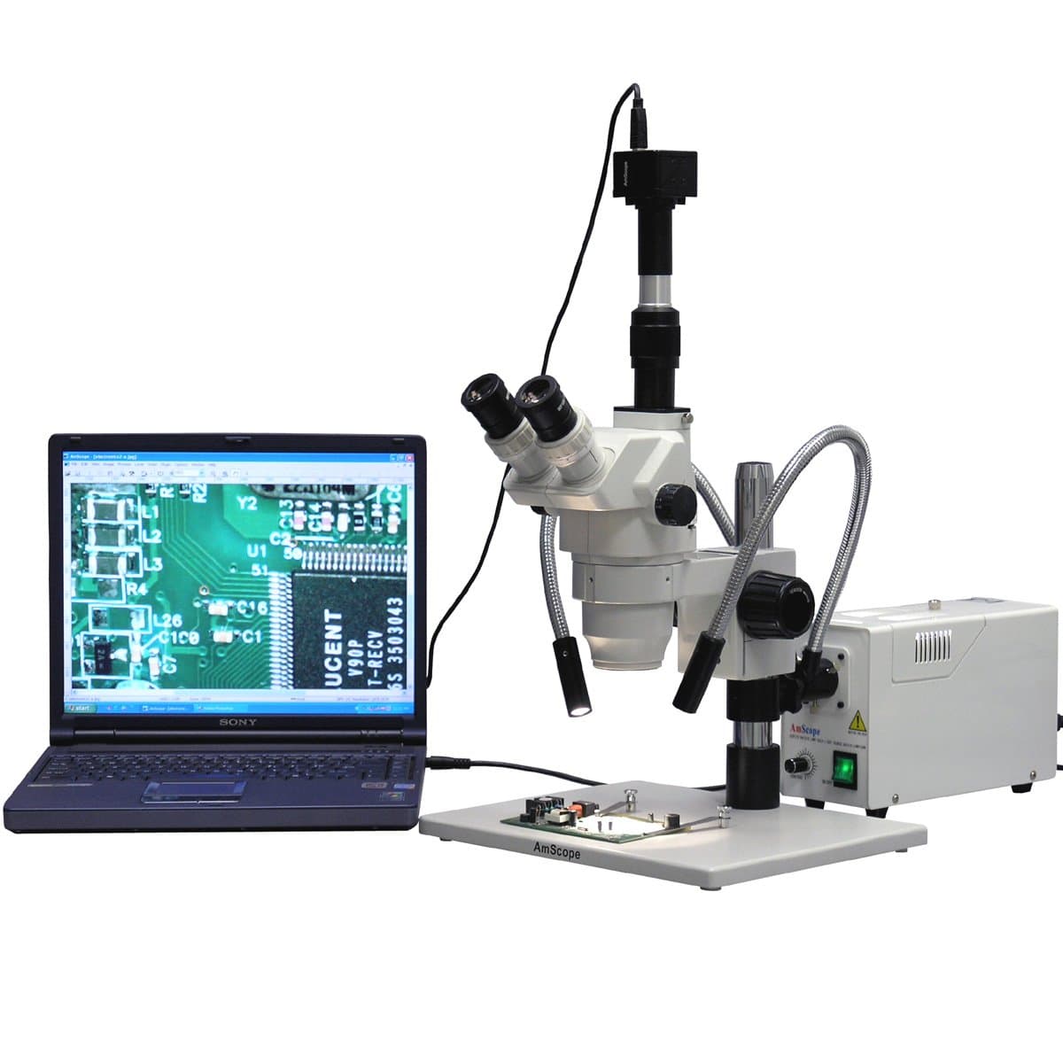 AmScope ZM-1TW3-FOD-5M Digital Professional Trinocular Stereo Zoom Microscope, EW10x and EW25x Eyepieces, 2X-225X Magnification, 0.67X-4.5X Zoom Objective, Dual-Gooseneck Fiber-Optic Light, Large Pillar-Style Table Stand, 110V-240V, Includes 0.3x and 2.0x Barlow Lenses, 5MP Camera with Reduction Lens, and Software