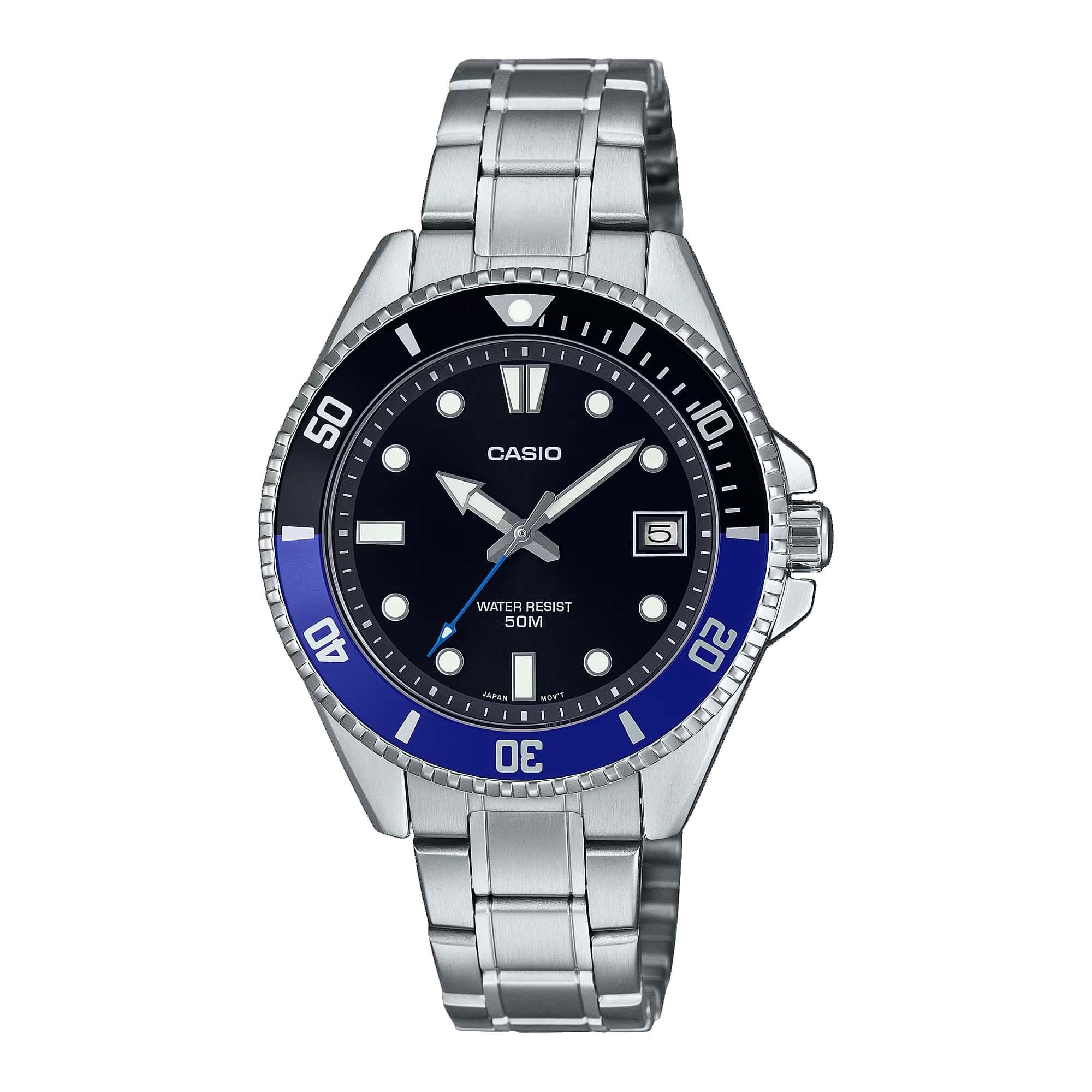 Casio MDV10D-1A2V Unisex Dive Inspired 38 mm Stainless Steel Black Dial Sports Watch (Black/Blue), Black, Classic