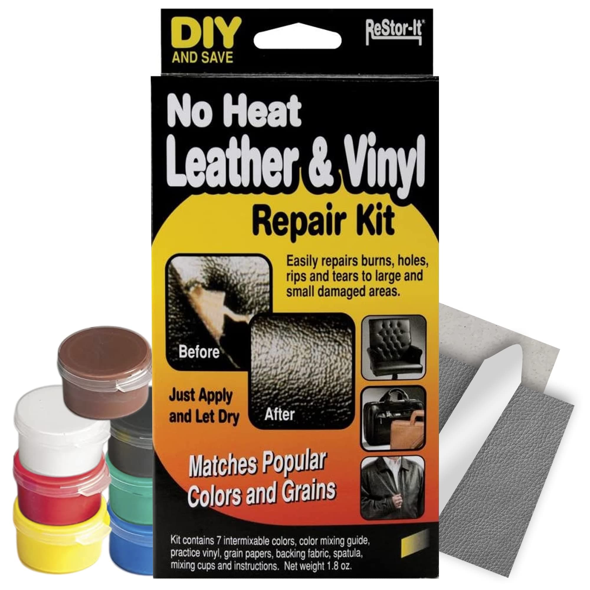Master Manufacturing Leather Repair Kit — Restor-it No Heat Leather & Vinyl Repair for Furniture Fabric Car Seat Boat Seats Sofa Couch Leather Paint Kit Black Blue Brown Red & 3 More Touch Up Colors