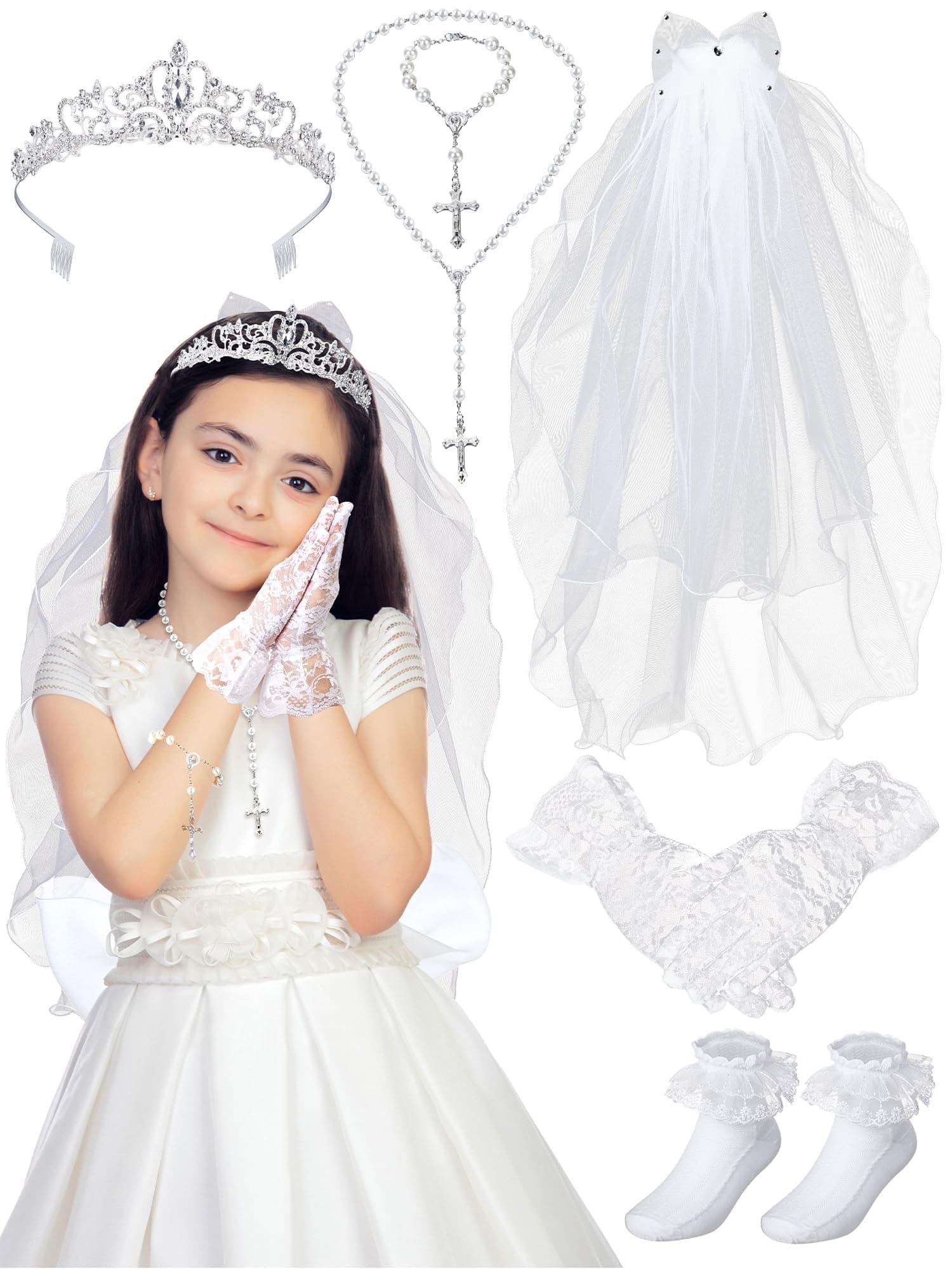 Foaincore 6 Pcs First Communion Veils Set 1st Communion Holy Veil Headpiece Gloves Sock Rosary Necklace Bracelet First Communion Veil Wedding Hair Accessories for Wedding Girl Veil Kids Party
