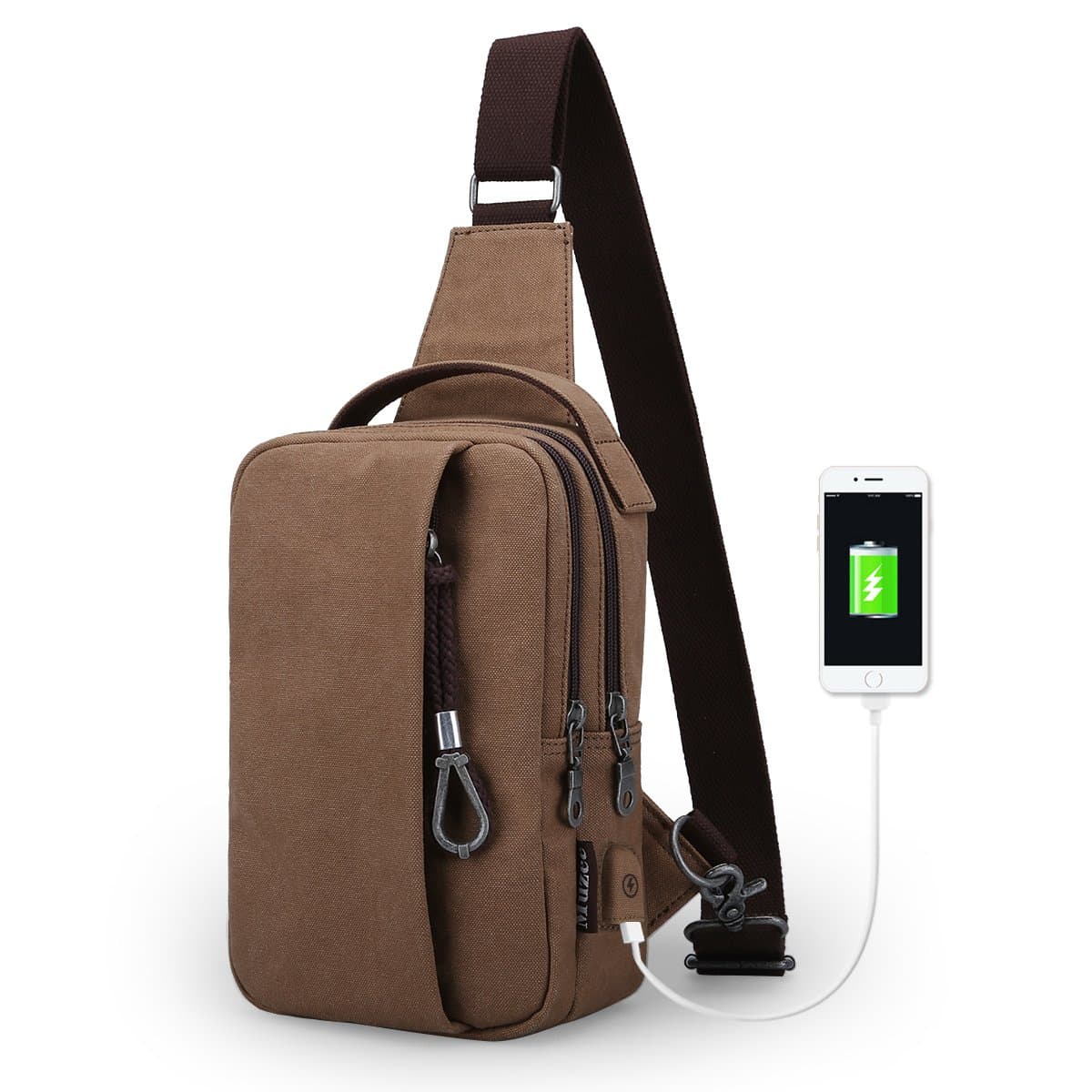 Muzee Sling Bag for Men Chest Shoulder with USB Charging Port Gym Backpack Sack Satchel Outdoor Crossbody Pack (coffee(new))
