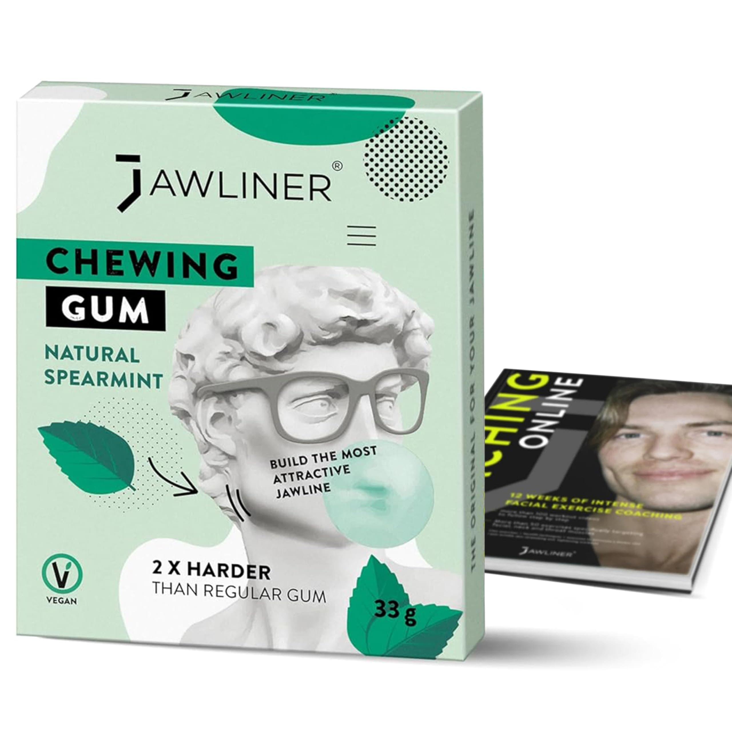 Jawliner® Hard Jawline Chewing Gum - Sugar Free Spearmint Tough Jaw Gum - Jaw Exerciser Strong Mewing Jawline Mistic Gum - 2x Harder than Regular Chewing Gum 33 Grams (12 Strips)