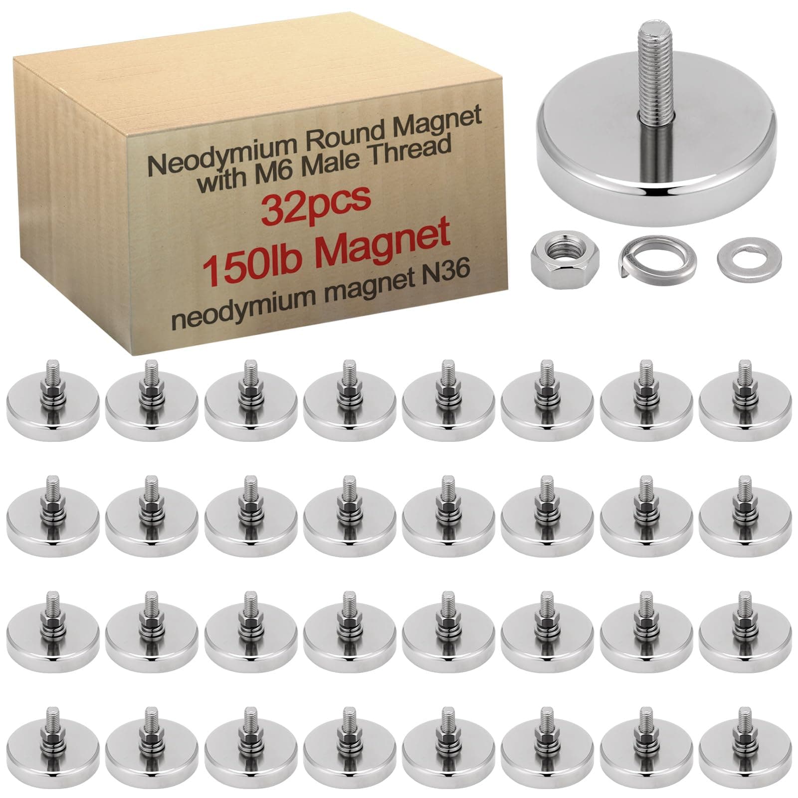 Flutesan 32 Pieces Super Powerful Neodymium Round Magnet with M6 Male Thread Bolts 150lb Heavy Duty Strong Rare Earth Mounting Magnet with Stud for Lighting Camera Brackets License Plate Outdoor Tools