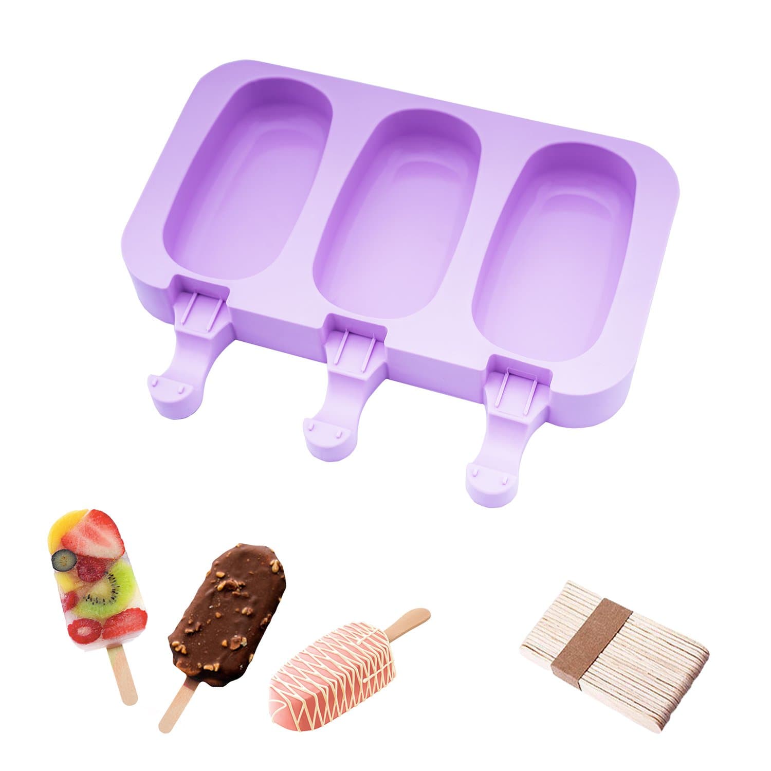 beicemania® Oval Silicone Ice Lolly Mold With Wooden Popsicle Sticks Classic Ice Lolly Maker Violet
