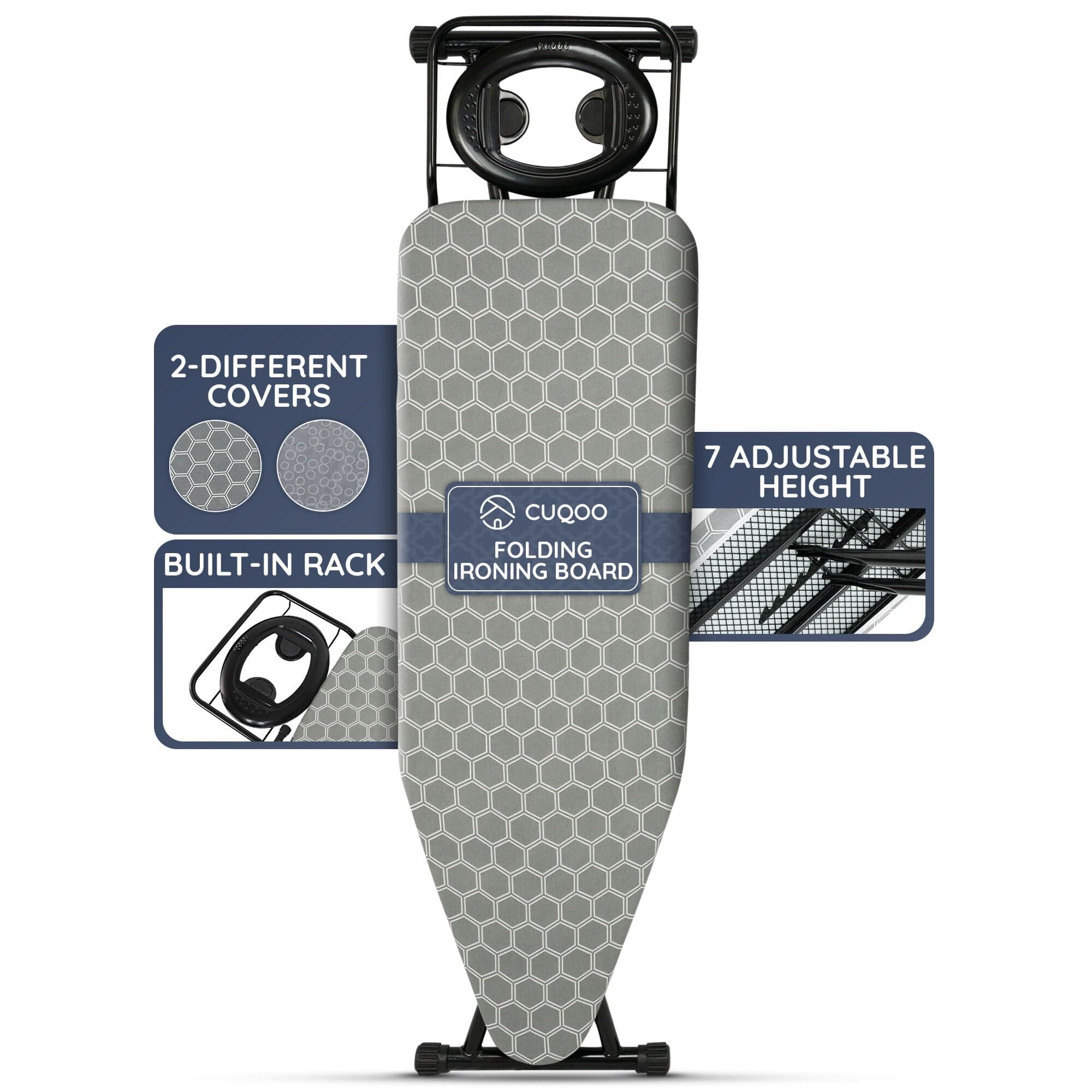 CUQOO Folding Ironing Board – 122x38cm, Adjustable Height (74-91cm), Durable with Safety Lock & Anti-Skid Feet, Includes Silicone Iron Rest & 2 Stylish Covers