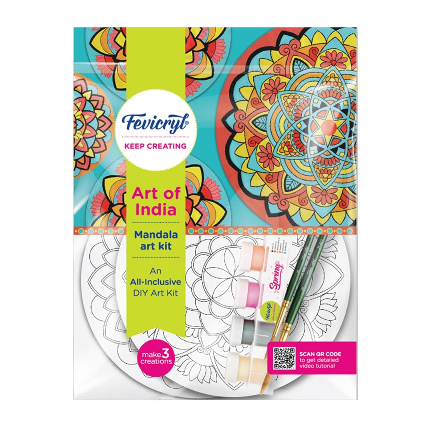 Fevicryl DIY Art of India Mandala Art kit | Acrylic Paints 6 Shades| Set of 2 Round Brushes | 3 Pre-Designed MDF Board | for Artists, Students, Children | Ideal for Festive Gifting