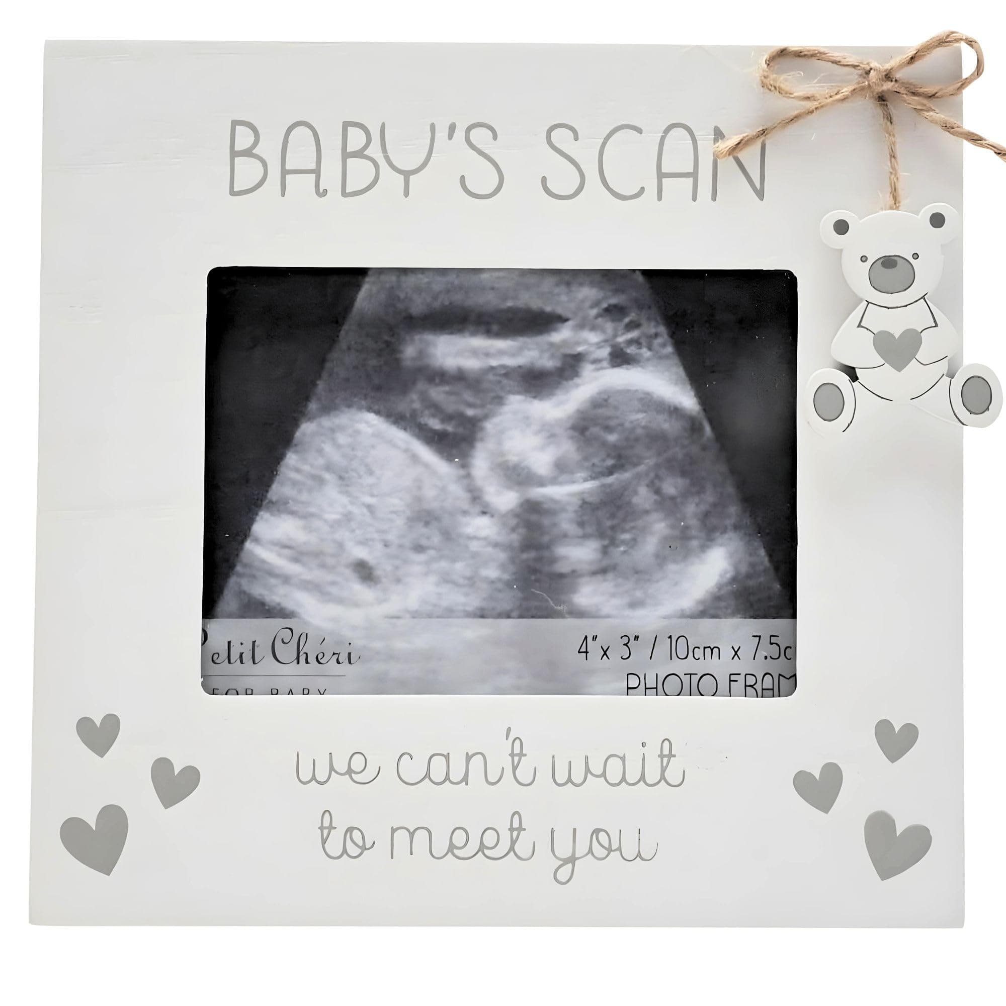 Widdop and Co Baby Scan Frame - White with Grey Hearts & Hanging Bear Charm - 'We Can't Wait To Meet Youβ - 4" x 3"