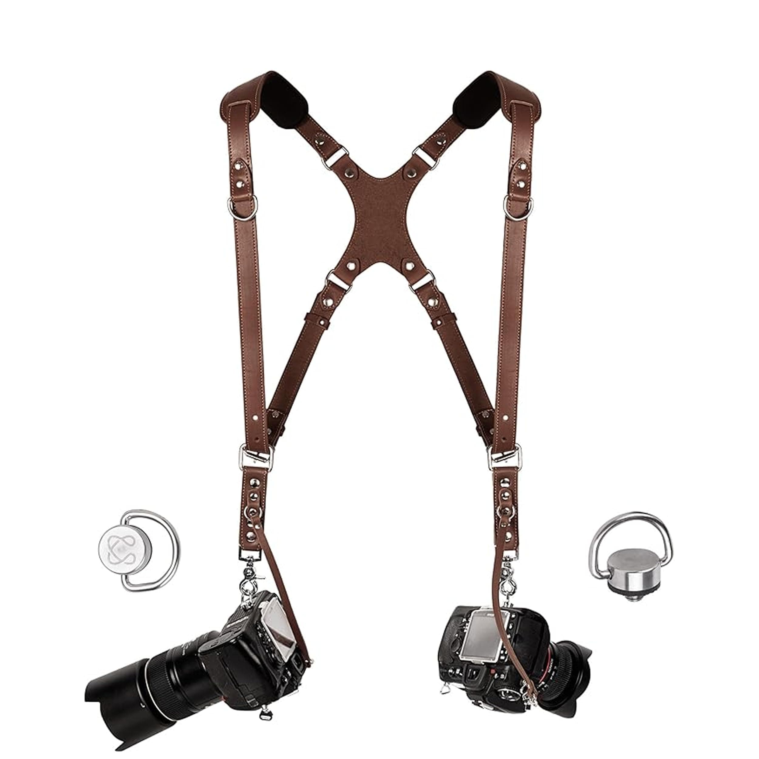 C Coiro Dual Shoulder Leather Camera Strap - Brown, Adjustable, Classic Style - Double Camera Harness for DSLR/SLR