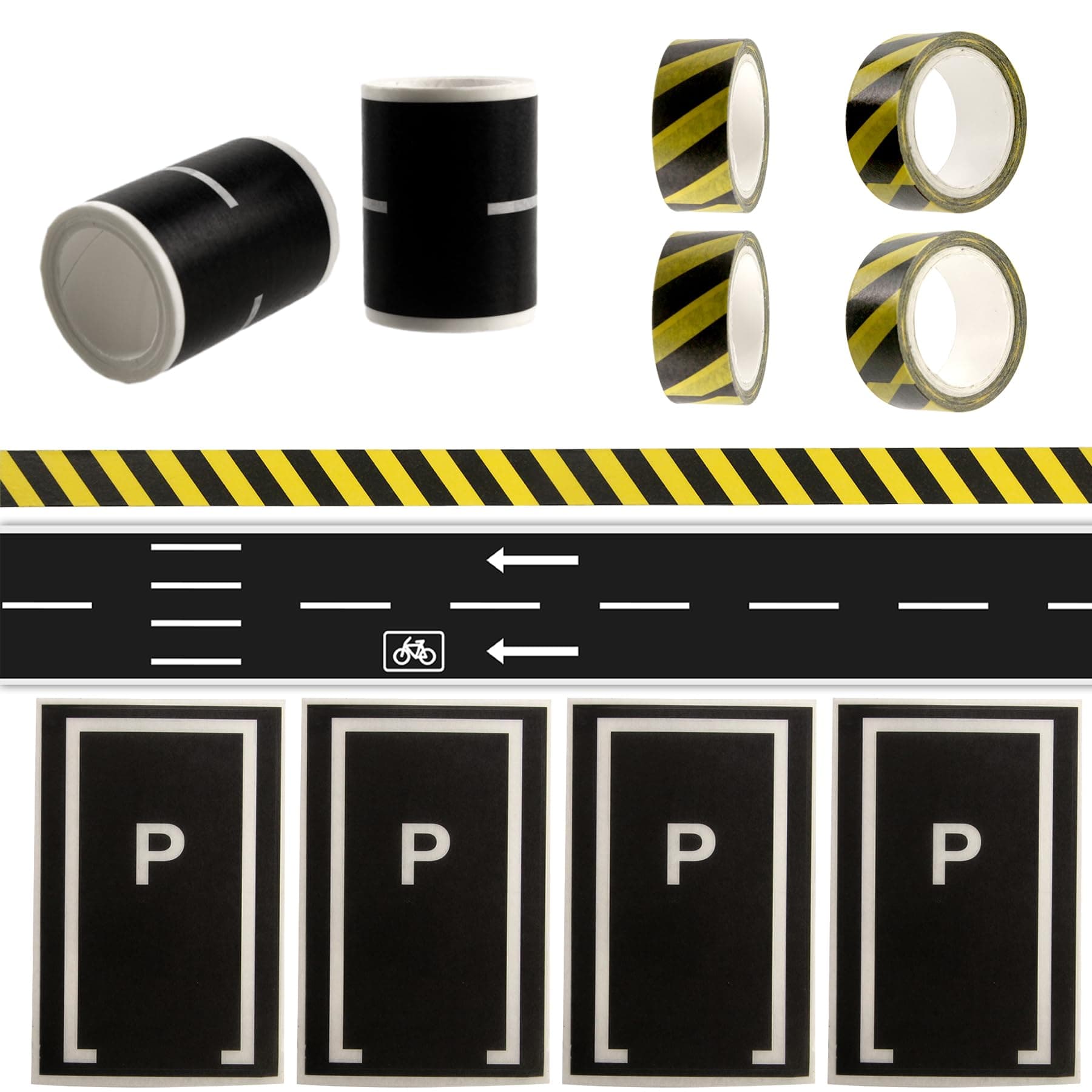 EKIND Black Road Set 2 Rolls 196"X2" Straight Track Road Sticker Tape, 4 Pcs 196"X0.6" Black and Yellow Warning Tape, 4 Pcs Parking Space Stickers, Toy Car DIY Traffic Road Removable Tape (Set B)