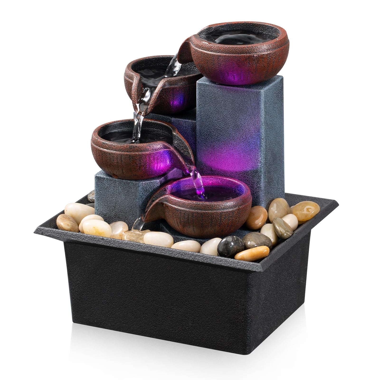 4 Tier Table Fountain - Small Relaxing Indoor Fountain - Meditation Fountain for Home, Office, Bedroom - Colorful LED Lighting and Natural Rocks