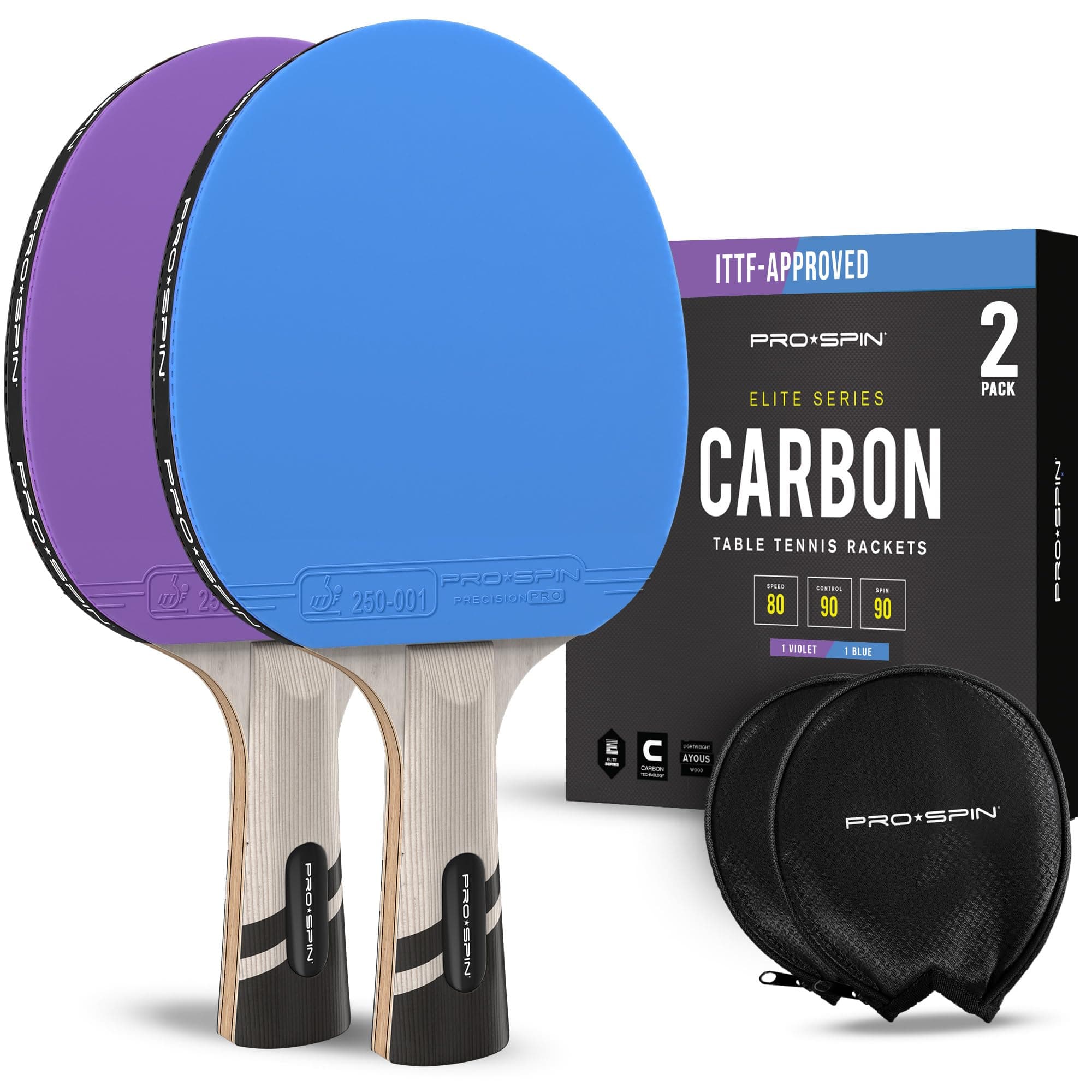 PRO SPIN Ping Pong Paddles - ITTF-Approved Colors | Premium Carbon Fiber Table Tennis Rackets | Professional Quality | 7-Ply Blade, Pro Rubber, 2.0mm Sponge, Rubber Protector Case | Raquetas Ping-Pong