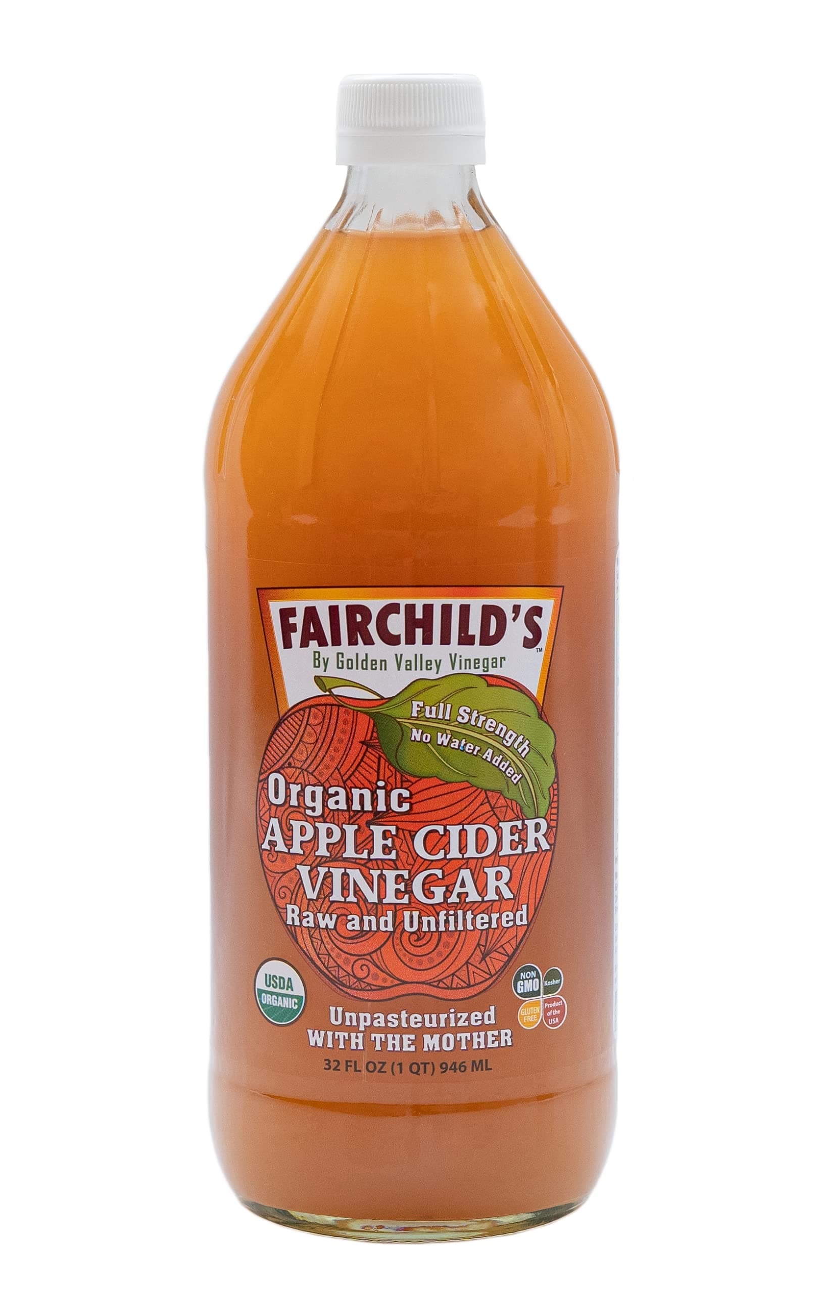 Fairchild's Organic Apple Cider Vinegar with the Mother, 32 oz. Washington State organic apples, undiluted 25% stronger,no concentrate, glass bottle