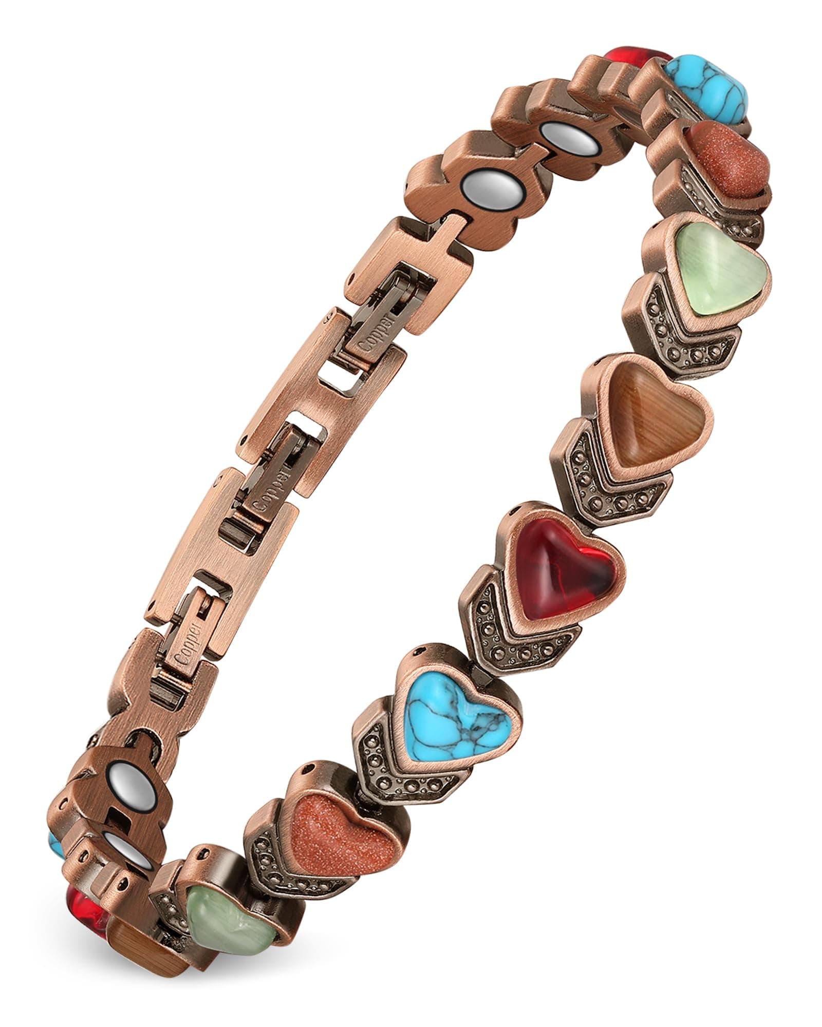 Feraco Pure Copper Bracelets for Women, Ultra Strength Magnetic Bracelet with 3800 Gauss Magnets & Natural Turquoise & Stones, Adjustable, Jewelry Gift