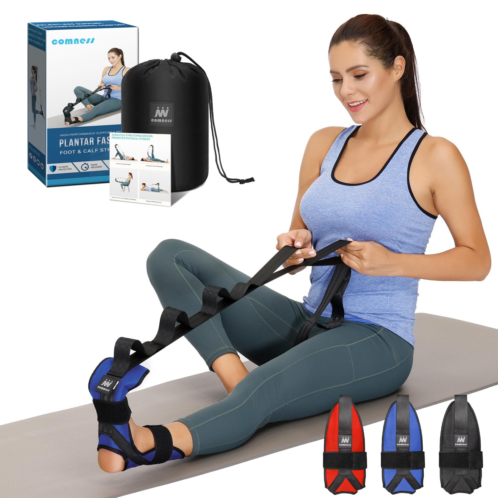 comness Foot and Calf Stretcher Stretching Strap For Plantar Fasciitis, Heel Spurs, Foot Drop, Achilles Tendonitis & Hamstring. Yoga Foot & Leg Stretch Strap. (Blue)