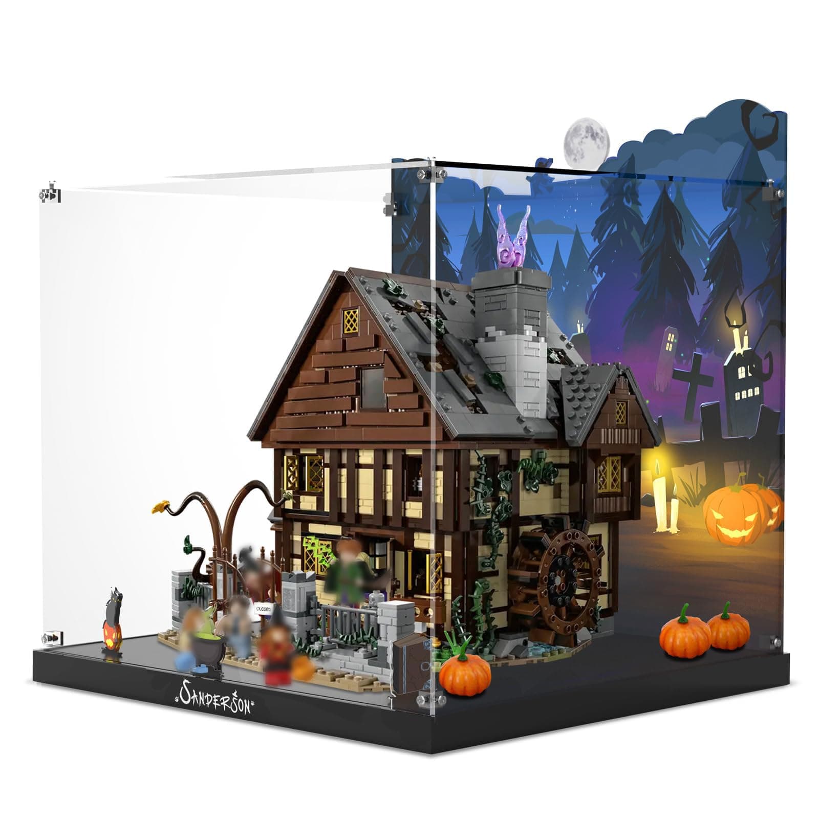 Acrylic Display Case for Lego 21341 Disney Hocus Pocus: The Sanderson Sisters' Cottage Building Bricks, Dustproof Display Box, Customized Decorative Box & HD Painted Background
