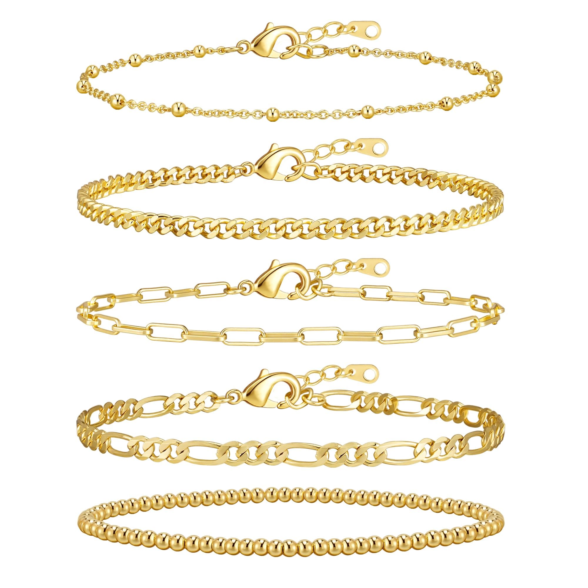 Gold Bracelets for Women, 14K Gold Plated Stackable Bracelet Stack Set Adjustable Charm Paperclip Chain Cuban Link Layered Waterproof Jewelry Sets Gifts for Womens