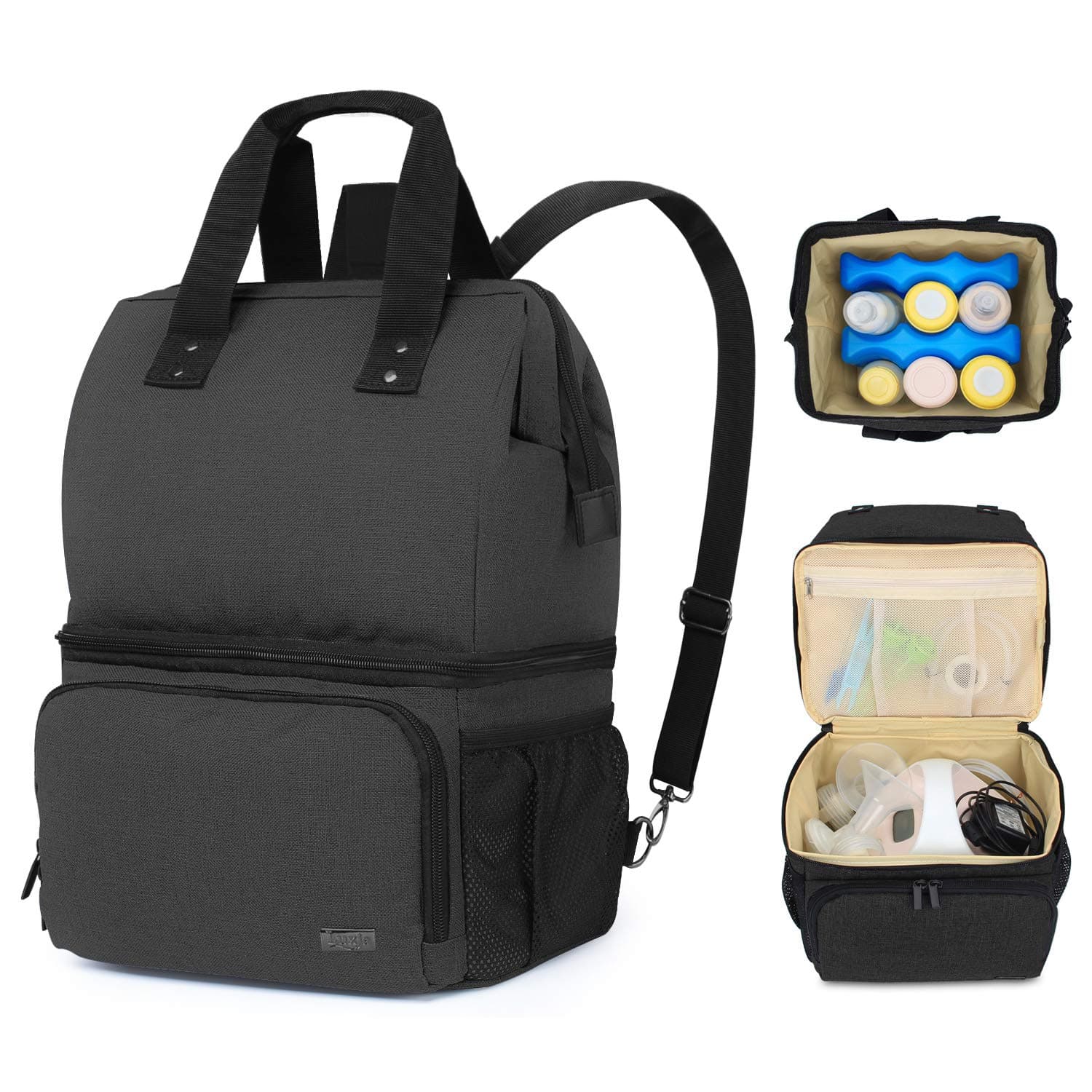 LUXJA Breast Pump Bag with 2 Compartments for Breast Pump and Cooler Bag, Breast Pumping Bag with 2 Options for Wearing (Fits Most Major Breast Pump), Black