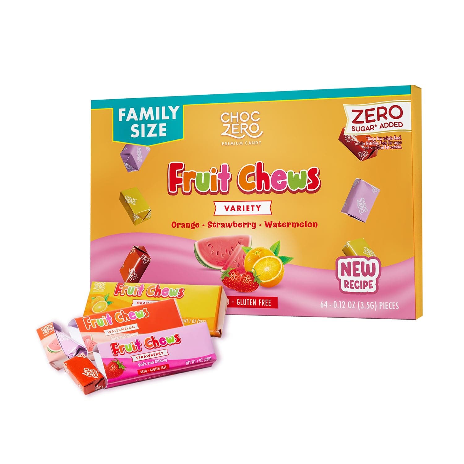 ChocZero Sugar Free Fruit Chews, Low Carb Keto Friendly Taffy Candy, No Sugar Alcohols, High Fiber, Gluten Free, Orange Strawberry Watermelon, 8 oz Box
