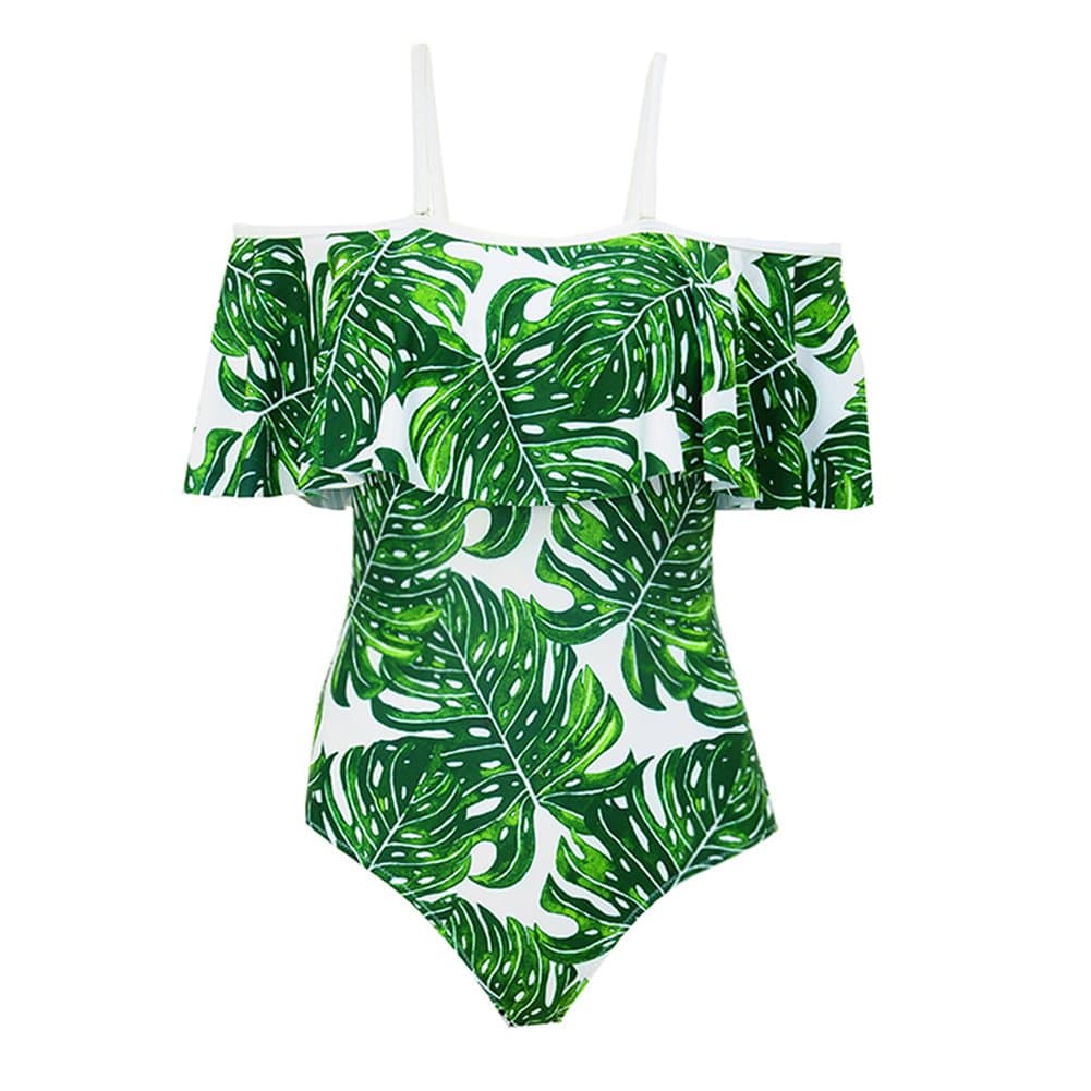 Zlove Women's Off Shoulder Ruffle Bodycon One Piece Swimsuit Green Leaf Swimwear