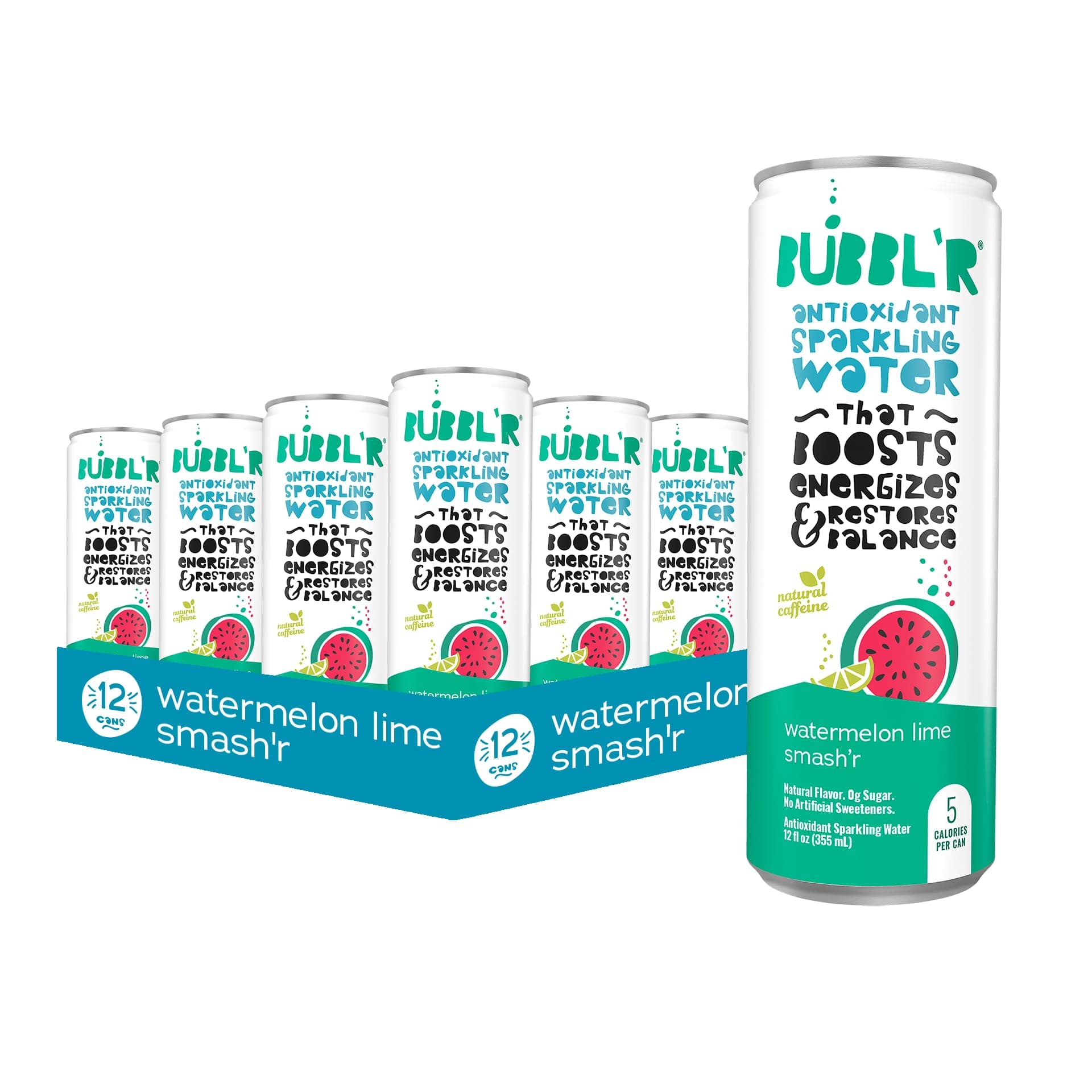 BUBBL’R watermelon lime smash’r, Antioxidant Sparkling Water with Natural Caffeine, 0g Sugar, Gluten Free, All Natural Flavors, 12 Fl Oz Cans, 12 Count