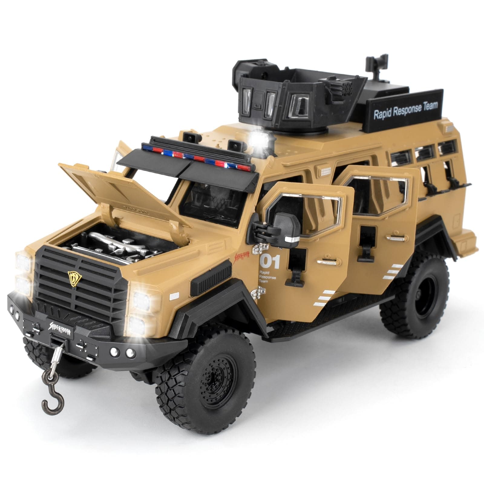 LOVEPOSELY Compatible for 1:24 Alloy Armored Car Model, Collectible Diecast Saber-Toothed Tiger Explosive Protected Vehicle Toy, Pull Back Toy Car with Sound and Light for Adult Kids (Yellow)