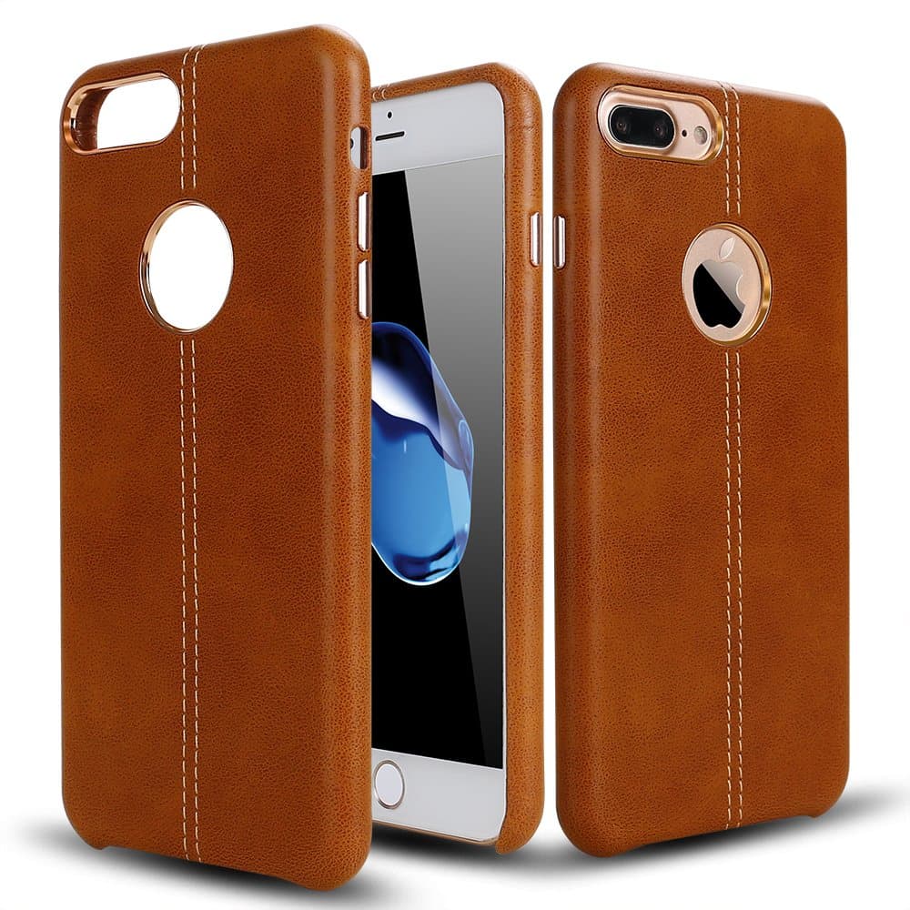 iPhone 7 Plus Leather Case - Hallsen Protective Back Cover iPhone Case Premium PU Leather Slim Anti scratch Cover with Metal for iPhone 7 Plus (5.5 inch)-Brown