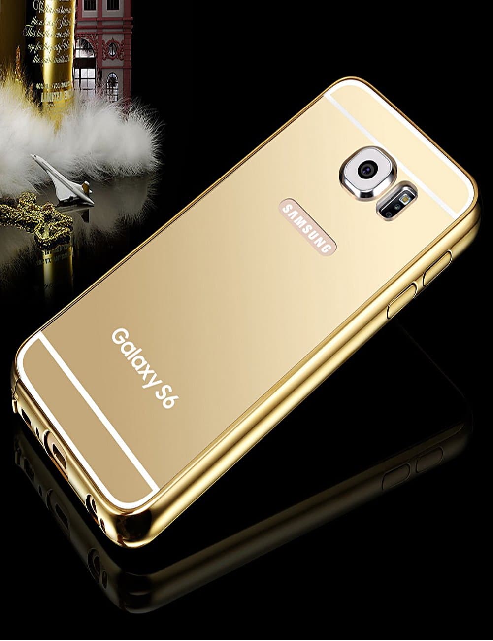 S6 Case ,Samsung Galaxy S6 Metal Bumper Case,XIQISlim Shock-Absorption Aluminum Metal Bumper +PC Mirror Back Case Cover For Samsung Galaxy S 6 (TUHAO GOLD)