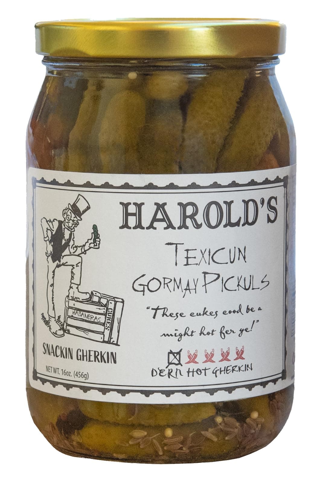 Harold's - Dern Hot Gherkin Pickles - Hot n Spicy Dill Gherkin Pickles - Award Winning Ingredients Packed With Fresh Garlic and Habanero - Made in Texas