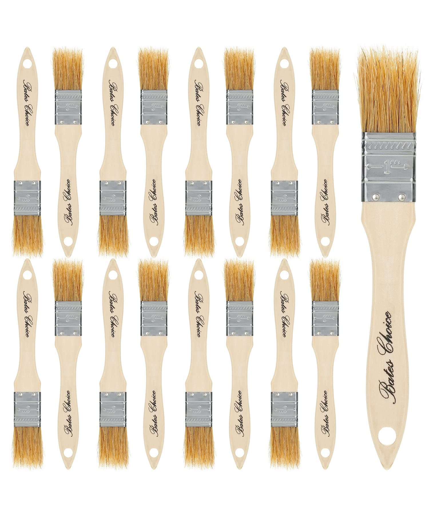 Bates 1-Inch Natural Bristle Paint Brushes - 16 Pack Set for Chip Painting, Wood Stain and General Use