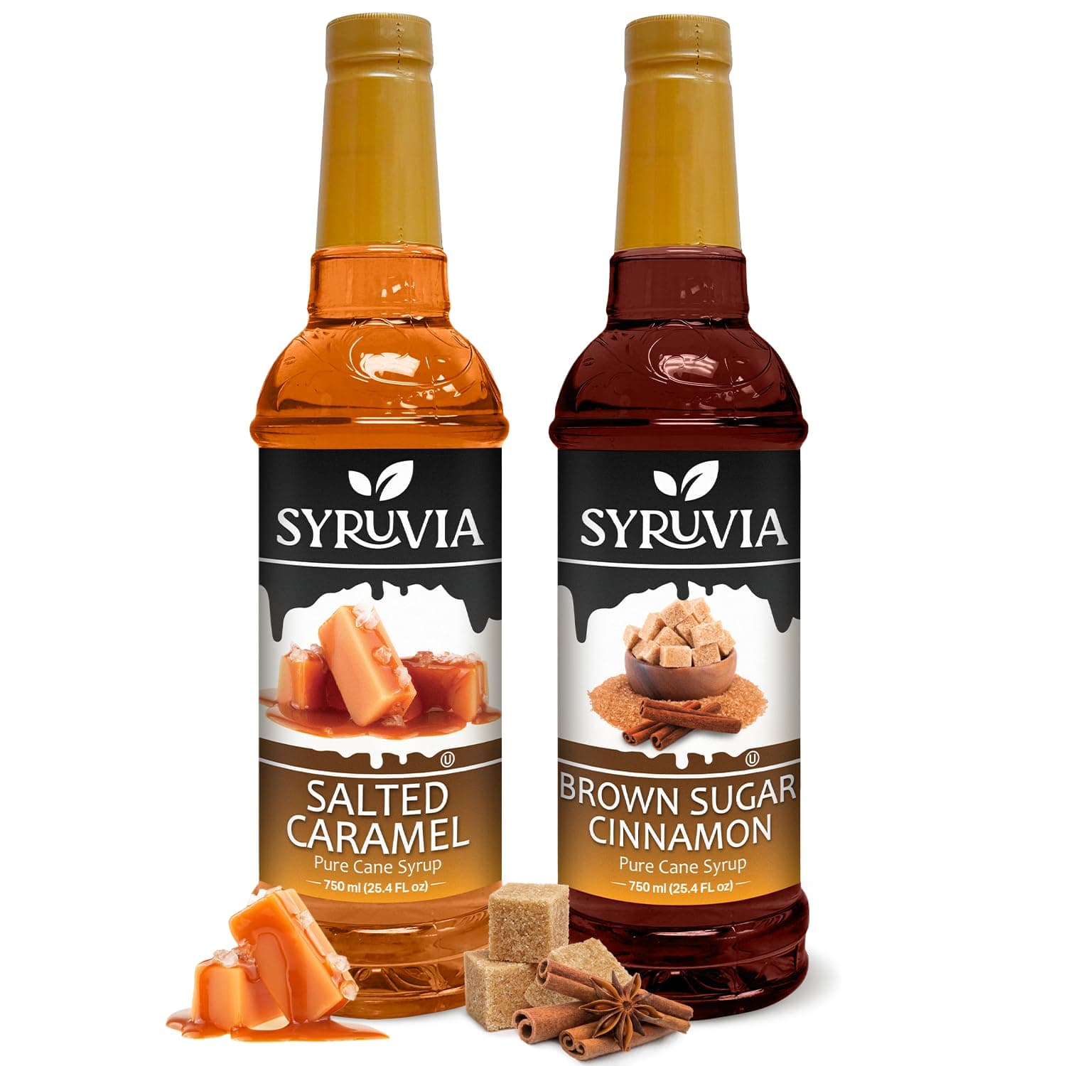 Syruvia Coffee Syrup Variety Pack - Salted Caramel & Brown Sugar Cinnamon- Gluten-Free, Kosher, 25.4 fl oz Bottles - Enhance Your Coffee Experience with Premium Flavoring Syrups