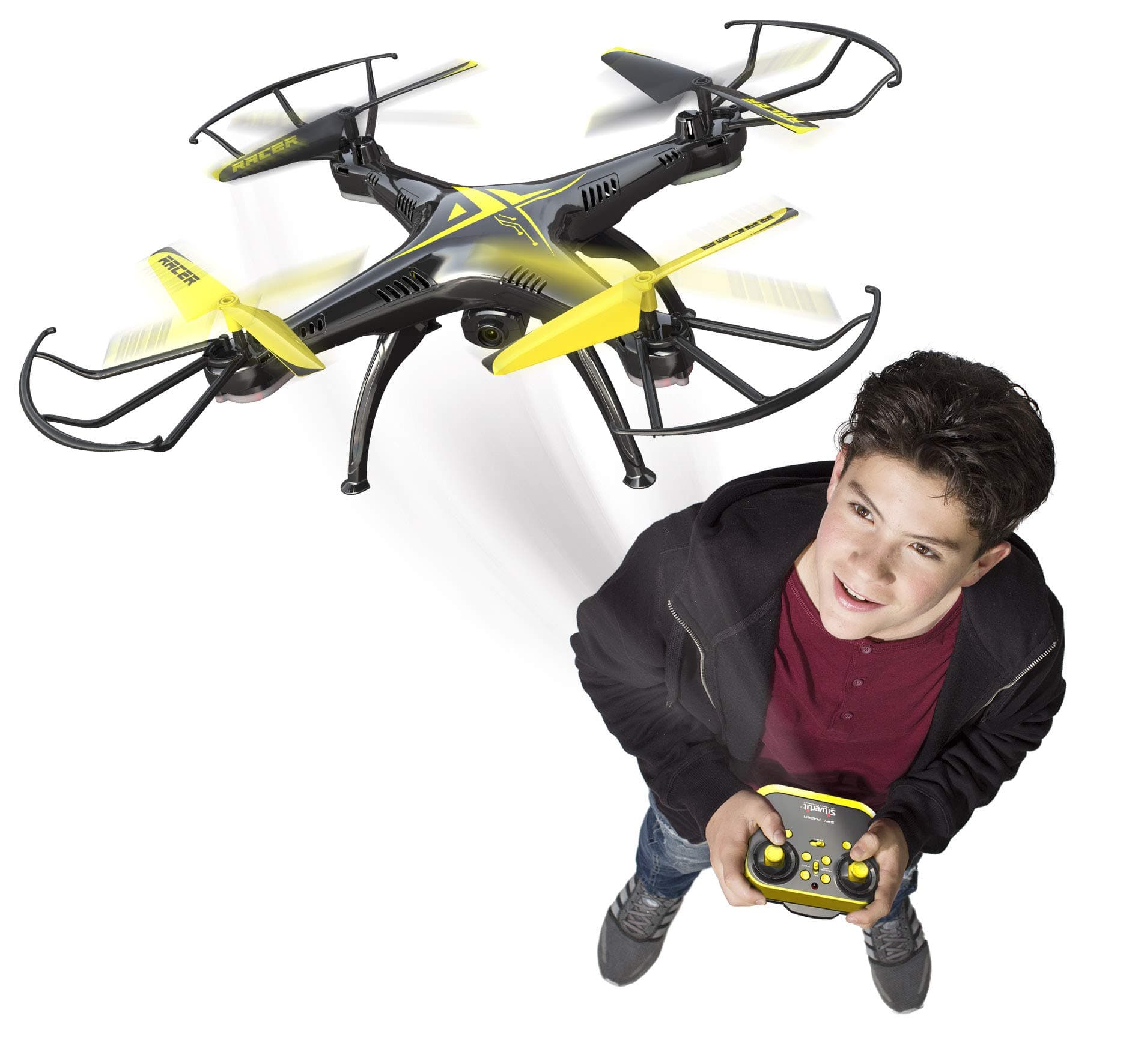 FLYBOTIC RC 84842 SPY RACER by Silverlite Remote Control Drone for Kids with Built-in Camera, Indoor and Outdoor, 38 cm, Black and Yellow, from 10 Years