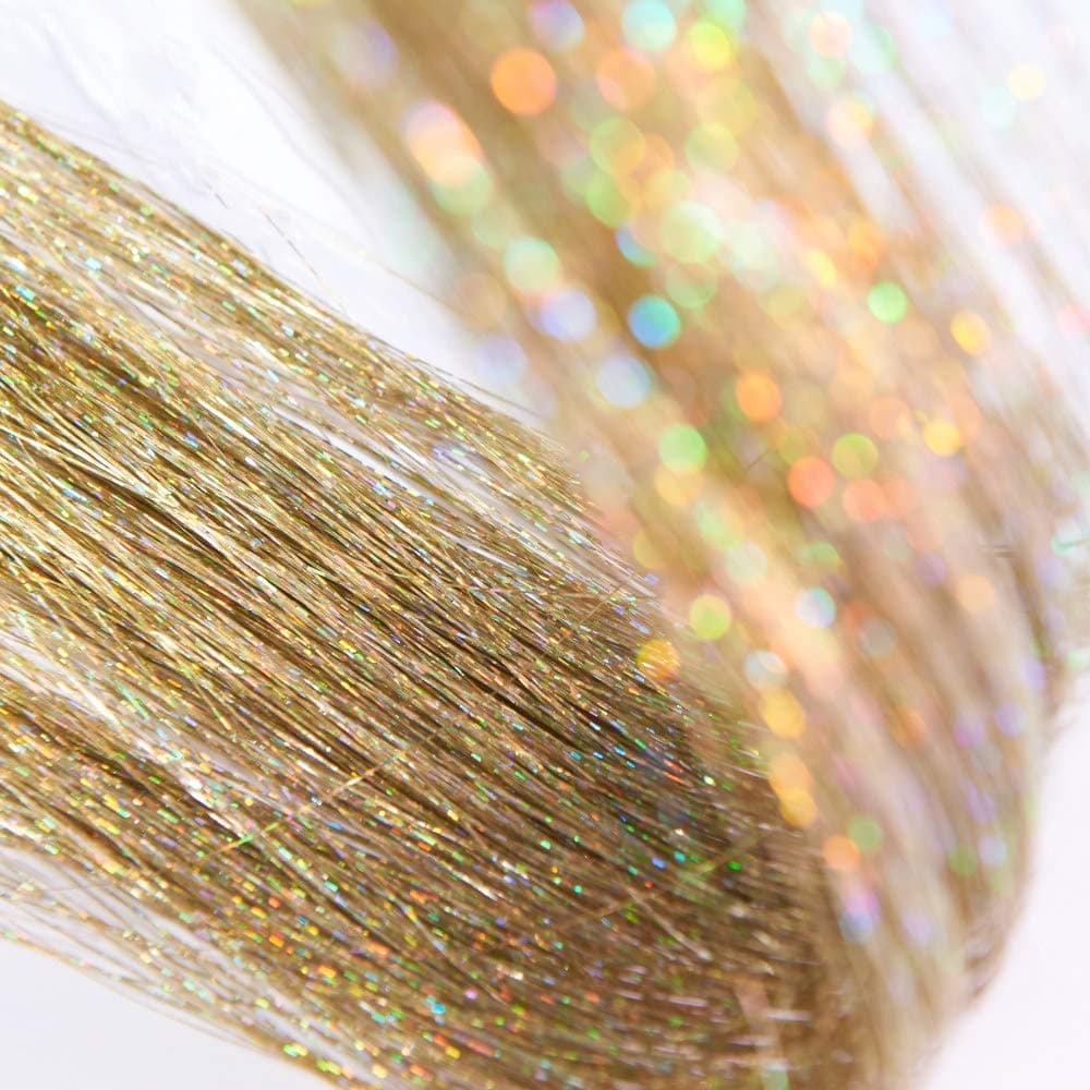DANSEE 48" Hair Tinsel 750 Strands Kit Sparkling Silk Fairy Hair Shiny Hair Flairs Tinsel Extensions Party Highlights Hair Dazzle Glitter Extensions Bling Synthetic Hairpieces Set (Gold)