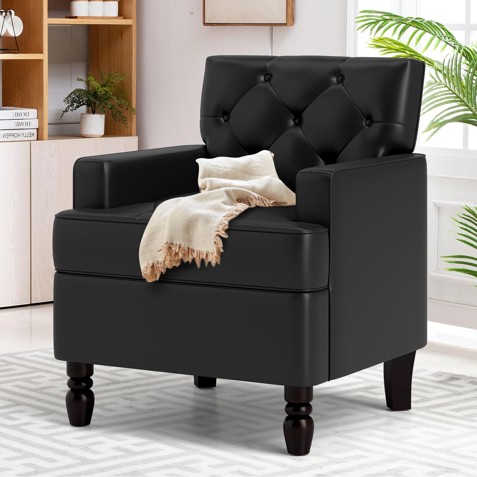 Bonzy Home Leather Accent Chair for Living Room, Black Modern Accent Chairs Armchair, Tufted Club Chair Solid Wood Frame
