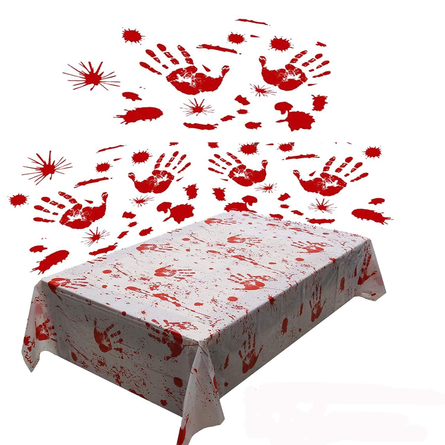 Halloween Table Cover Tablecloth Handprints Bloodstained Decals Set of 3 and Bloody Props Weapons Banners for Horror Hospital Theme Halloween Party Vampire Zombie Party Decorations