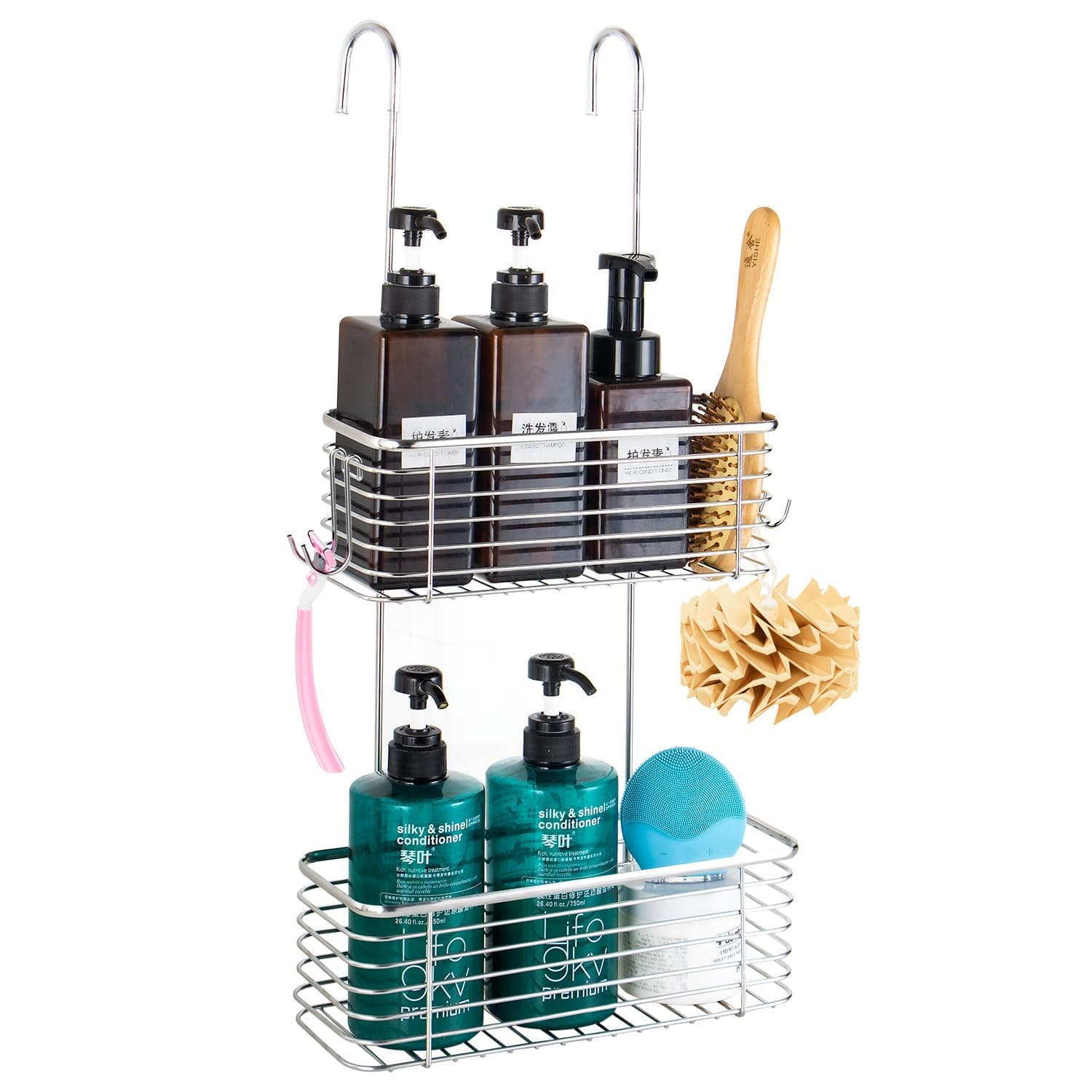 YQh Stainless steel double-layer shower rack, shower room hanging bathroom organizer, storage rack installed on the hanging bar or door, can store shampoo, hair conditioner, shower gel (double)