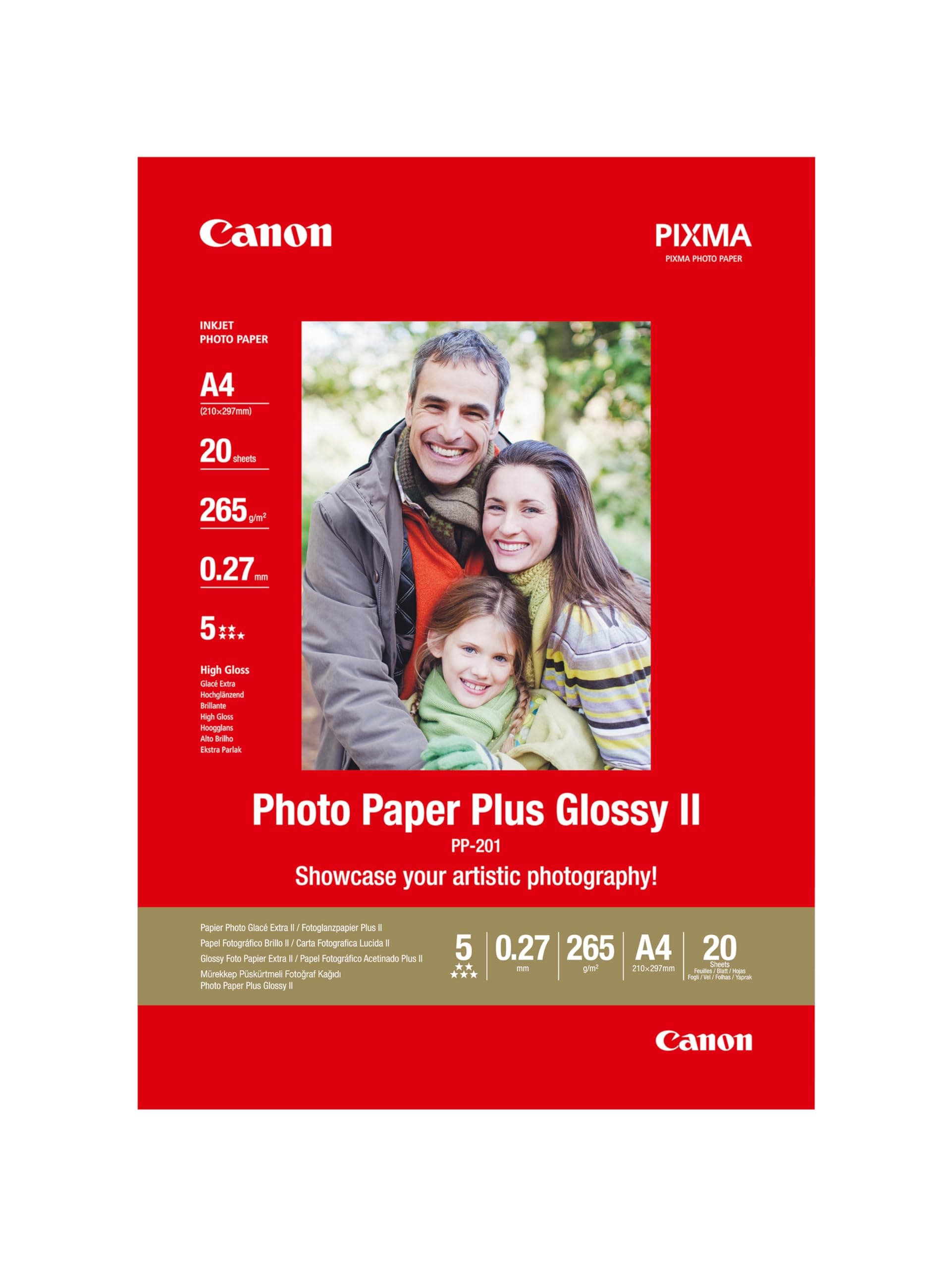 Canon PP-201 Glossy II Photo Paper Plus A4 (20 Sheets) - Ideal for Photo Printing, High-Gloss Finish - Durable Prints, Instant Touch-Dry - Compatible with Canon Inkjet Printers