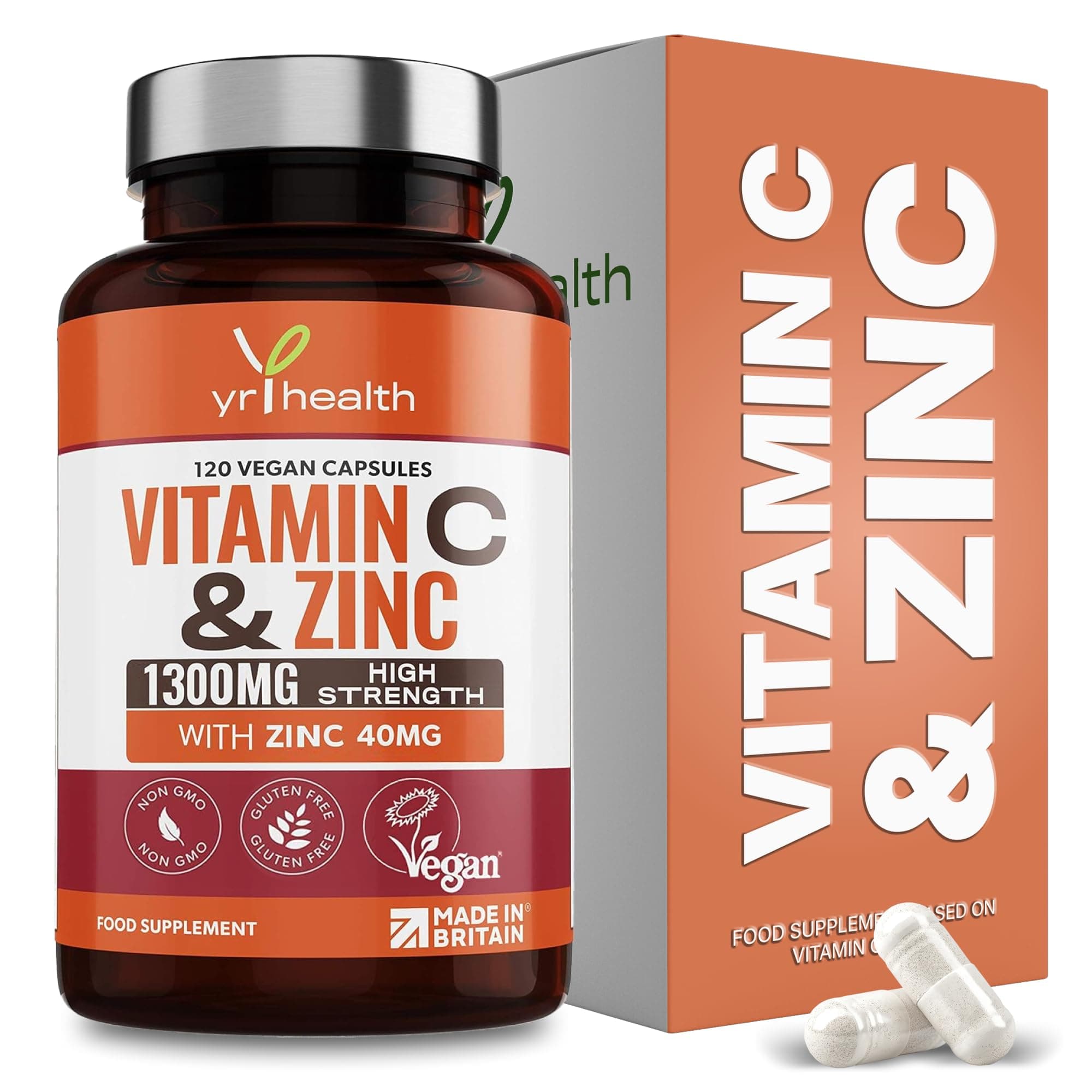 Vitamin C 1300mg and Zinc 40mg High Strength - VIT C and Zinc for Maintenance of Normal Immune System - 120 Vegan Capsules not Tablets - 2 per Daily Serving - Made in The UK