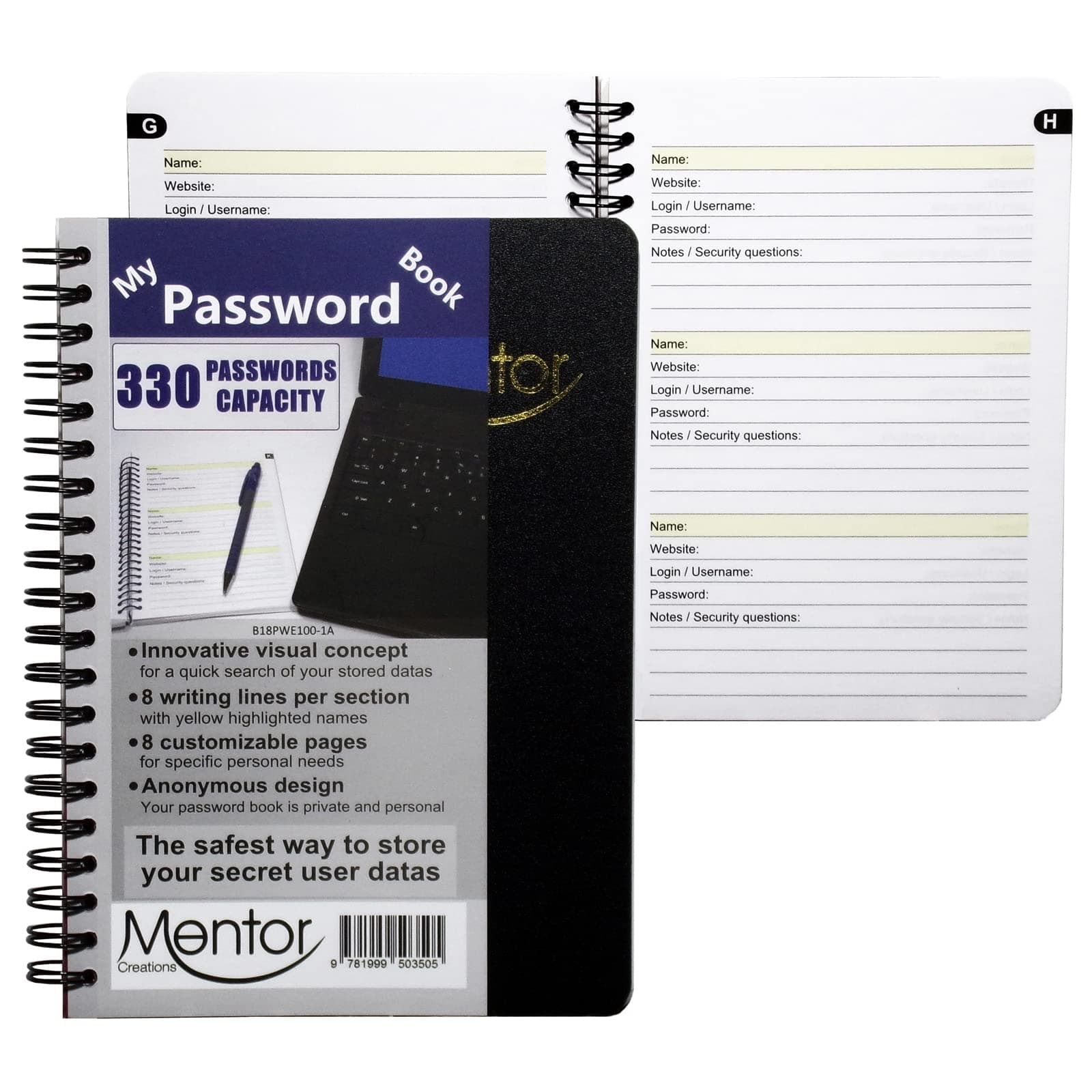 My password book - 7" X 5" Quick search design password and private code journal (Black, Regular)
