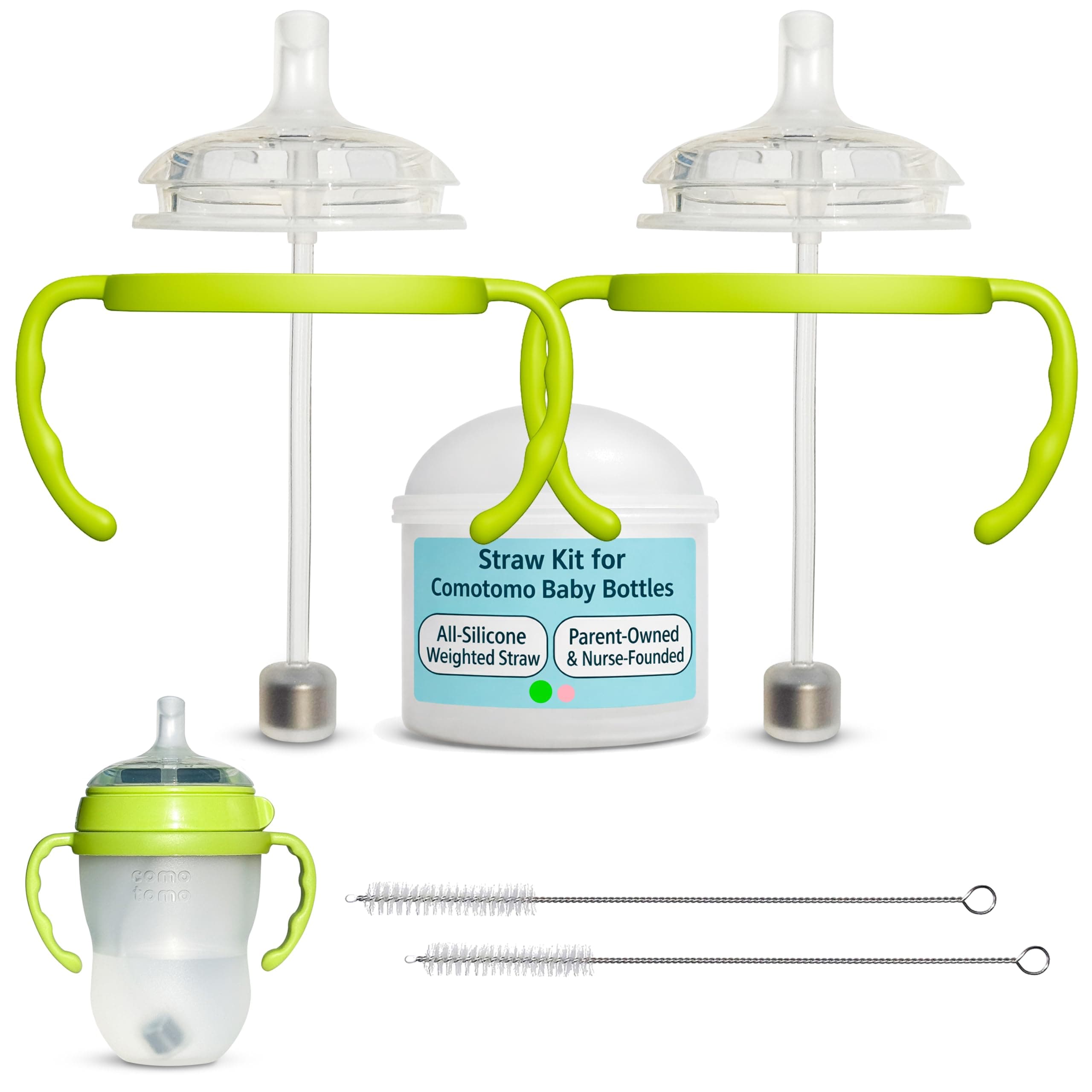 Straw Top with Weighted Straw and Cleaning Brush for Comotomo and Mason Baby Bottles (2-Pack) | Food Grade Silicone | BPA-Free | Spill-Proof