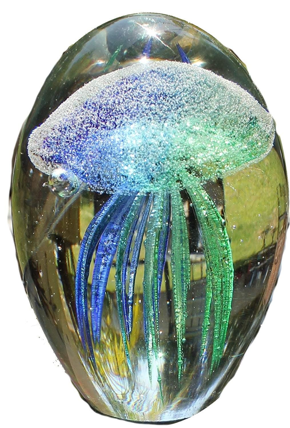 Sunrise Crystal Hand Blown Glass Art Jellyfish Paperweight, Glow in The Dark (4.5", Dark Blue & Green)