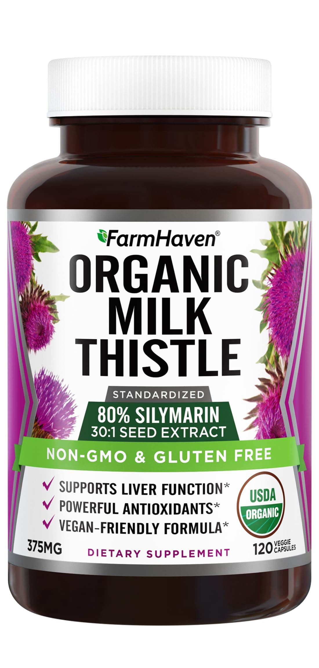USDA Organic Milk Thistle Capsules |30X Concentrated Seed Extract & 80% Silymarin Standardized - Supports Liver Function and Overall Health | Non-GMO | 120 Veggie Capsules