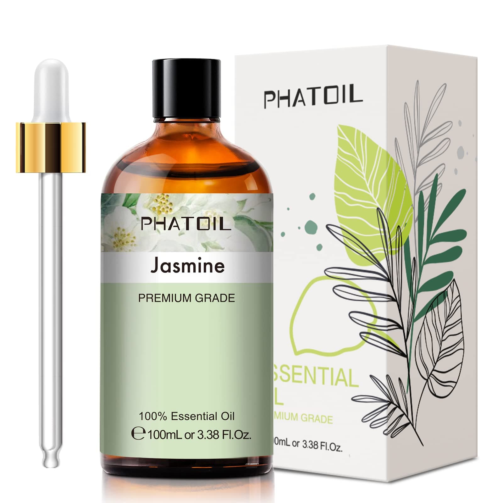 PHATOIL Jasmine Essential Oil 100ML, Pure Premium Grade Jasmine Essential Oils for Diffuser, Humidifier, Aromatherapy, Candle Making