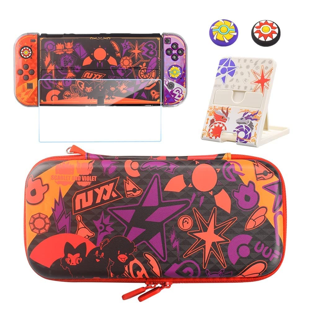 Carrying Case Compatible with Nintendo Switch Oled(Scarlet & Violet ),Switch Oled Case Cover with Screen Protector,Playstand,Thumb Grip Caps for Nintendo Switch Oled.
