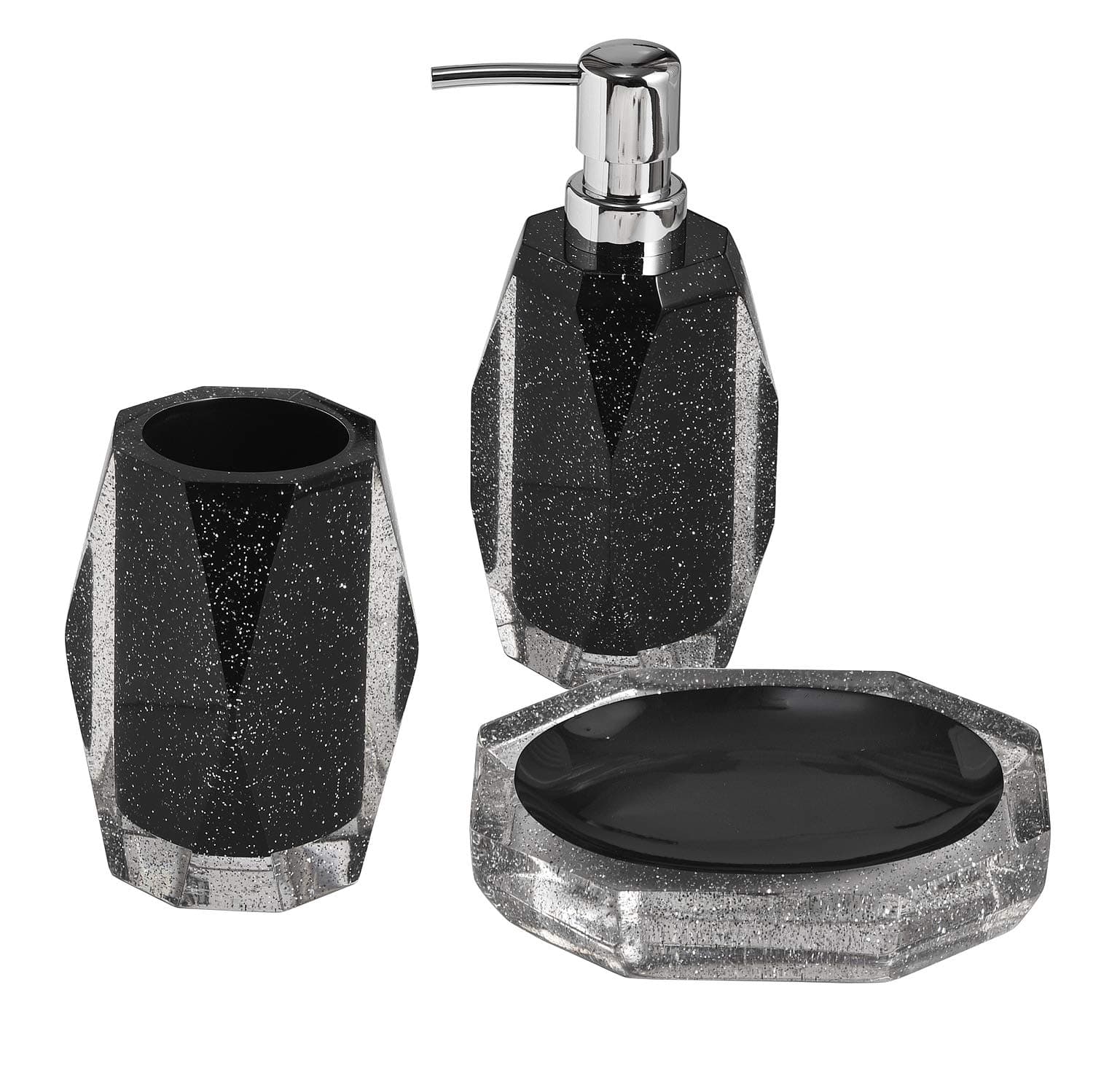 Diamanti Clear Resin Black with Silver Glitters Bathroom Accessory Set.Soap Dispenser,Tumbler,Soap Dish