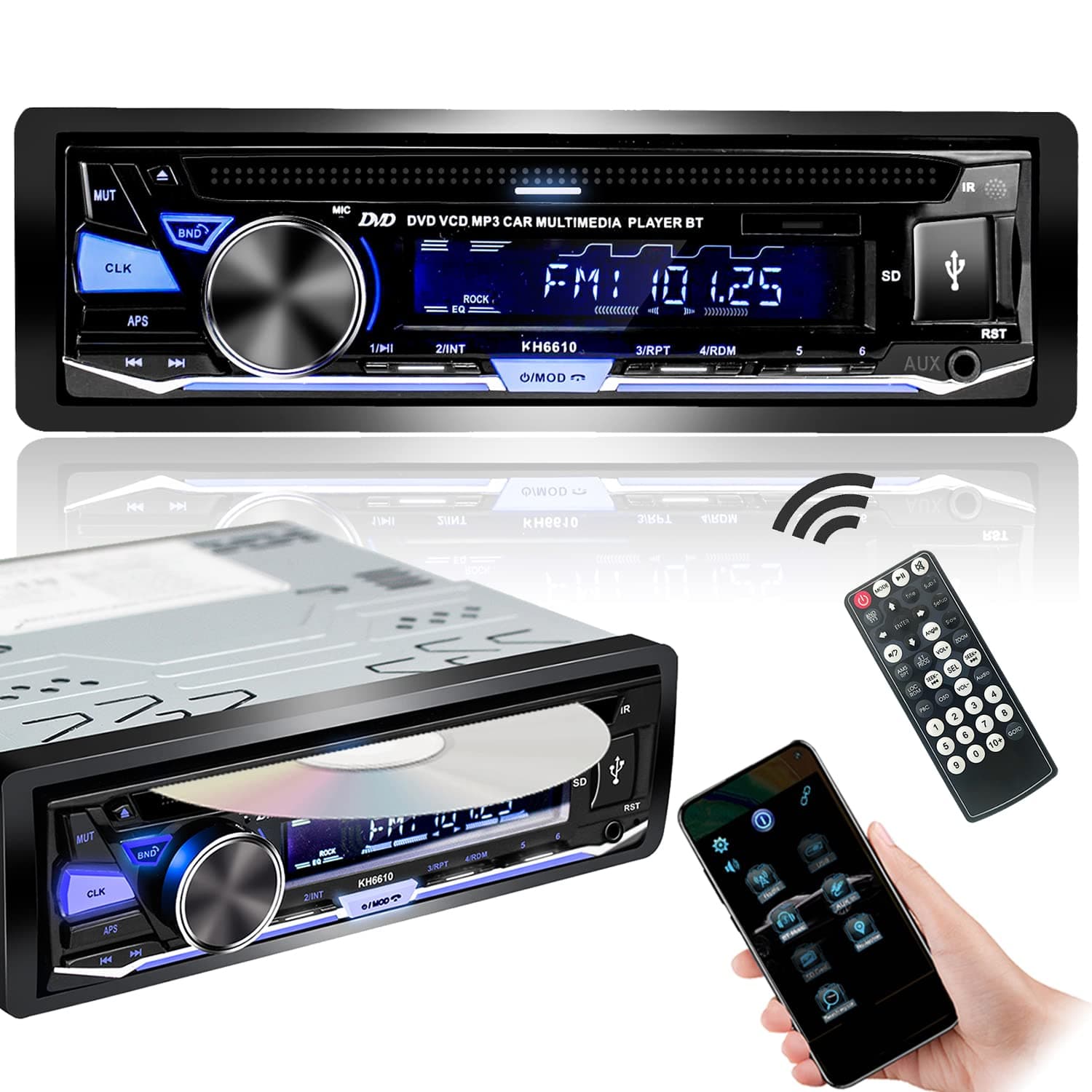 Single Din Car Stereo CD DVD Bluetooth USB Player Audio Receiver AM/FM Radio APP Control MP3 SD AUX