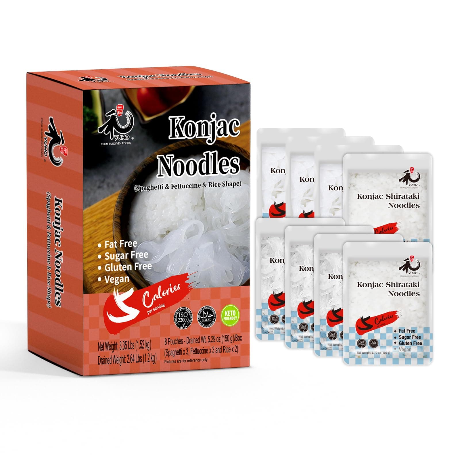YUHO Konjac Shirataki Noodles Variety Spaghetti Fettuccine Rice Pasta Keto Ready to Eat Vegan Gluten Free Low Carb Calorie Sugar Free Plant-Based Noodle, 8 Pack, 53.61 Oz