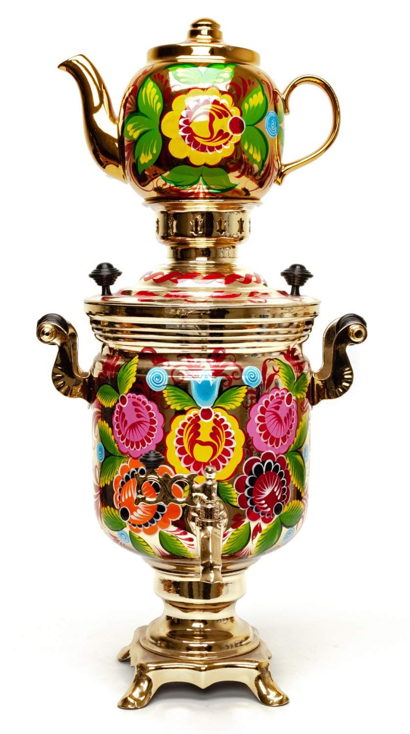 Summer Flowers Electric Gold Samovar Kettle with Ceramic hand painted Teapot and Tray