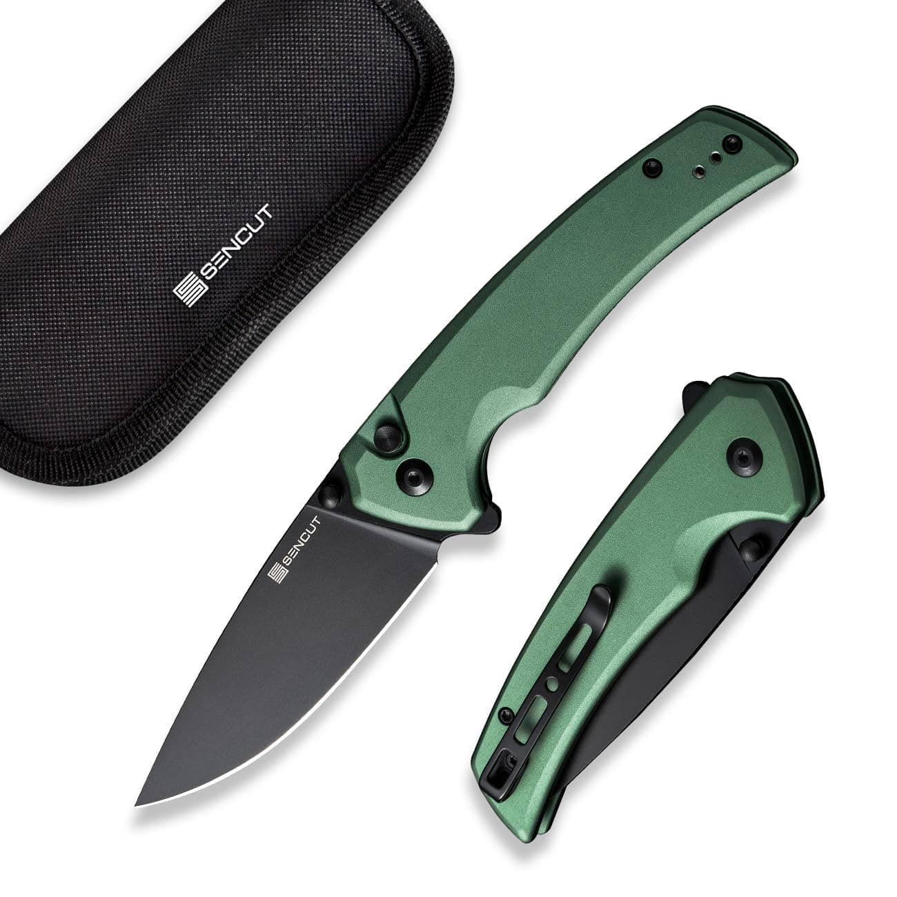 Pocket Knife for EDC, Serene Folding Knife, Thumb Stud & Flipper Opener, Aluminum Handle with 3.48" D2 Black Blade for Outdoor, Camping, Hunting S21022B-5 (Green)