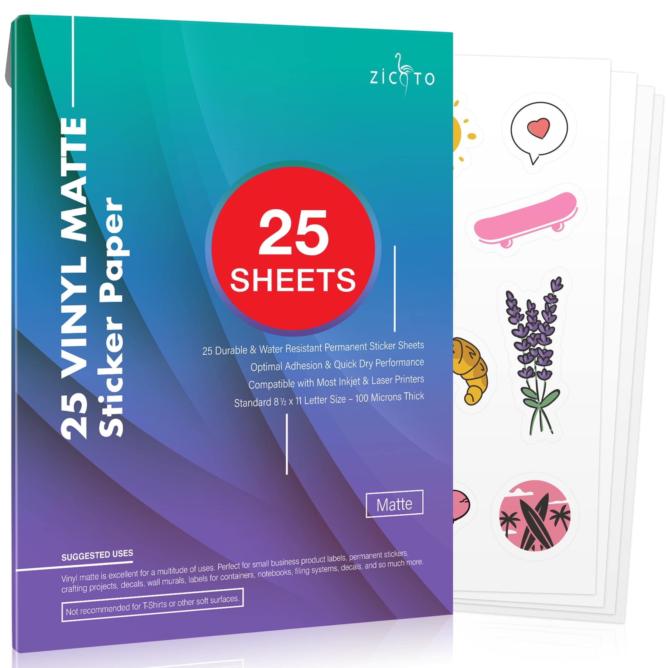 Premium Printable Vinyl Sticker Paper for Your Inkjet and Laser Printer – 25 Matte White Waterproof Decal Paper Sheets - Dries Quickly and Holds Ink Beautifully - Accessories Set for Cricut